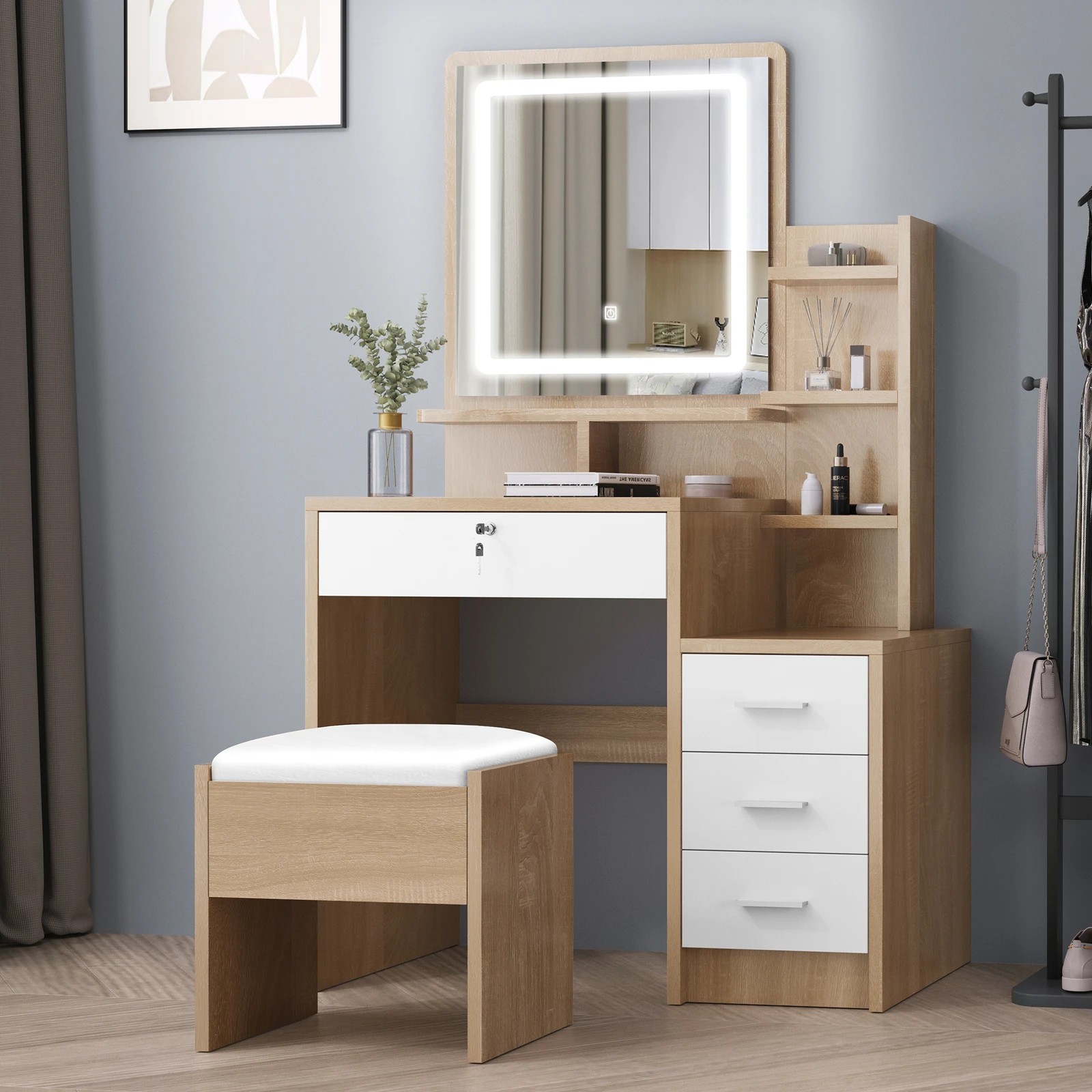 2 Alfordson Dressing Table Stool LED Makeup Mirror Vanity Desk - Natural, 2 of 10