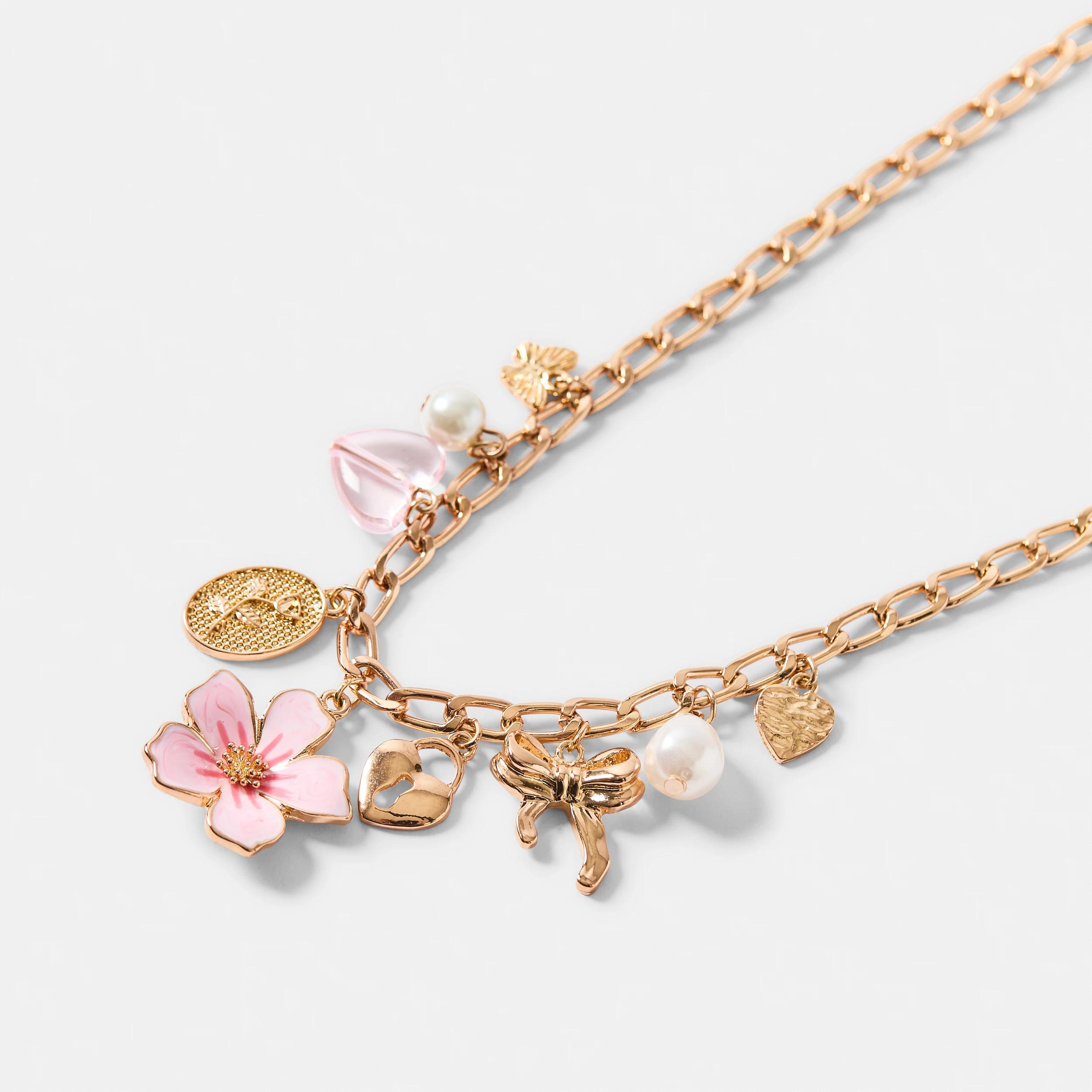 2 Flower Charm Necklace - White, Pink and Gold Tone GOLD METAL, 2 of 7
