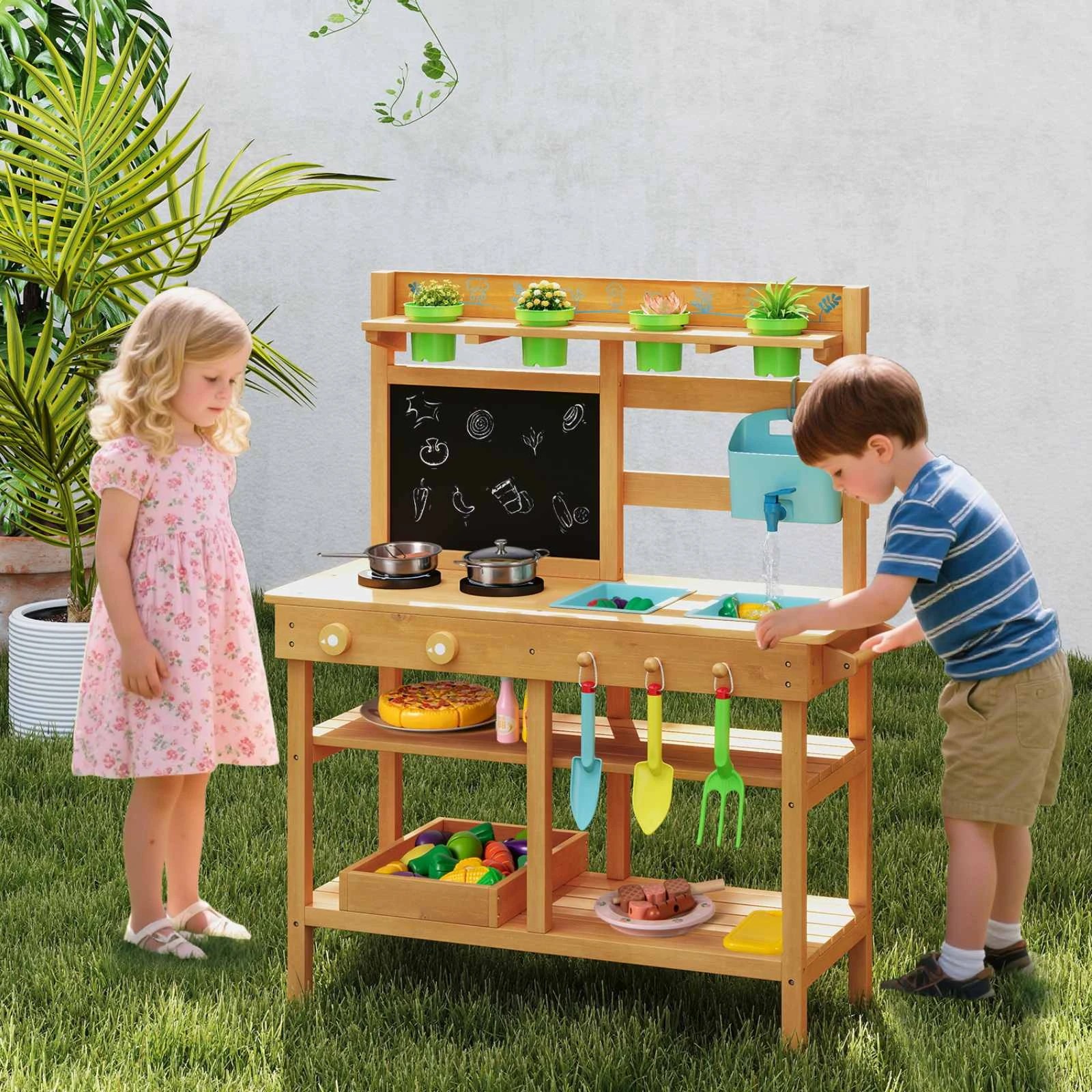 2 Costway Mud Kitchen Outdoor Kitchen Playset Sand Water Play Pretend Kitchen w/Chalkboard - Natural, 2 of 2