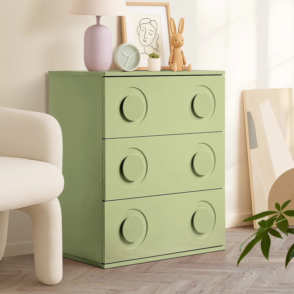 3 Oikiture 3 Chest of Drawers Spacious Cabinet Bedroom Dresser Nightstand - Green, 3 of 9