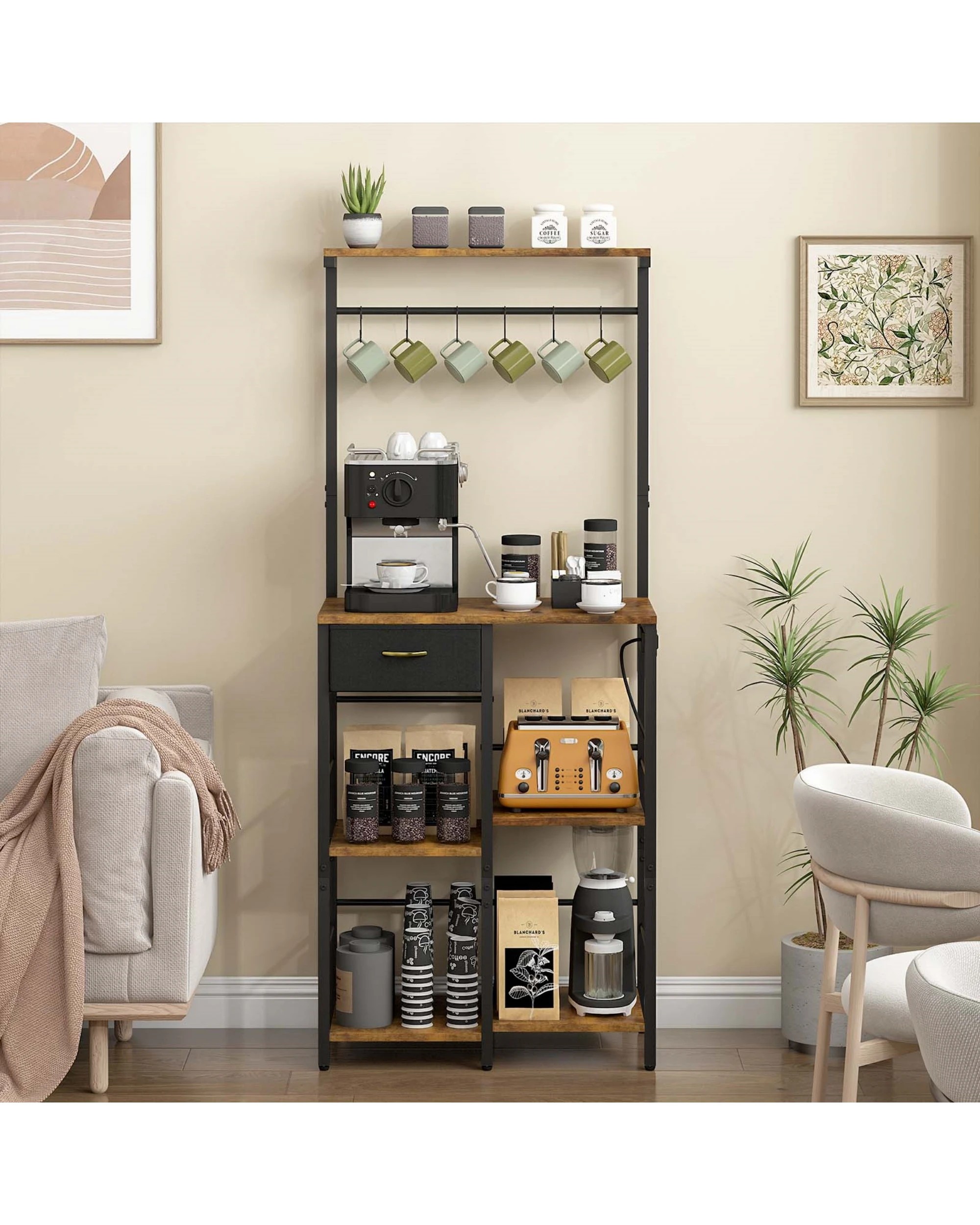 2 Advwin Coffee Bar Station 5 Tier Coffee Stand with Drawer Kitchen Bakers Rack with Power Outlet, 2 of 8
