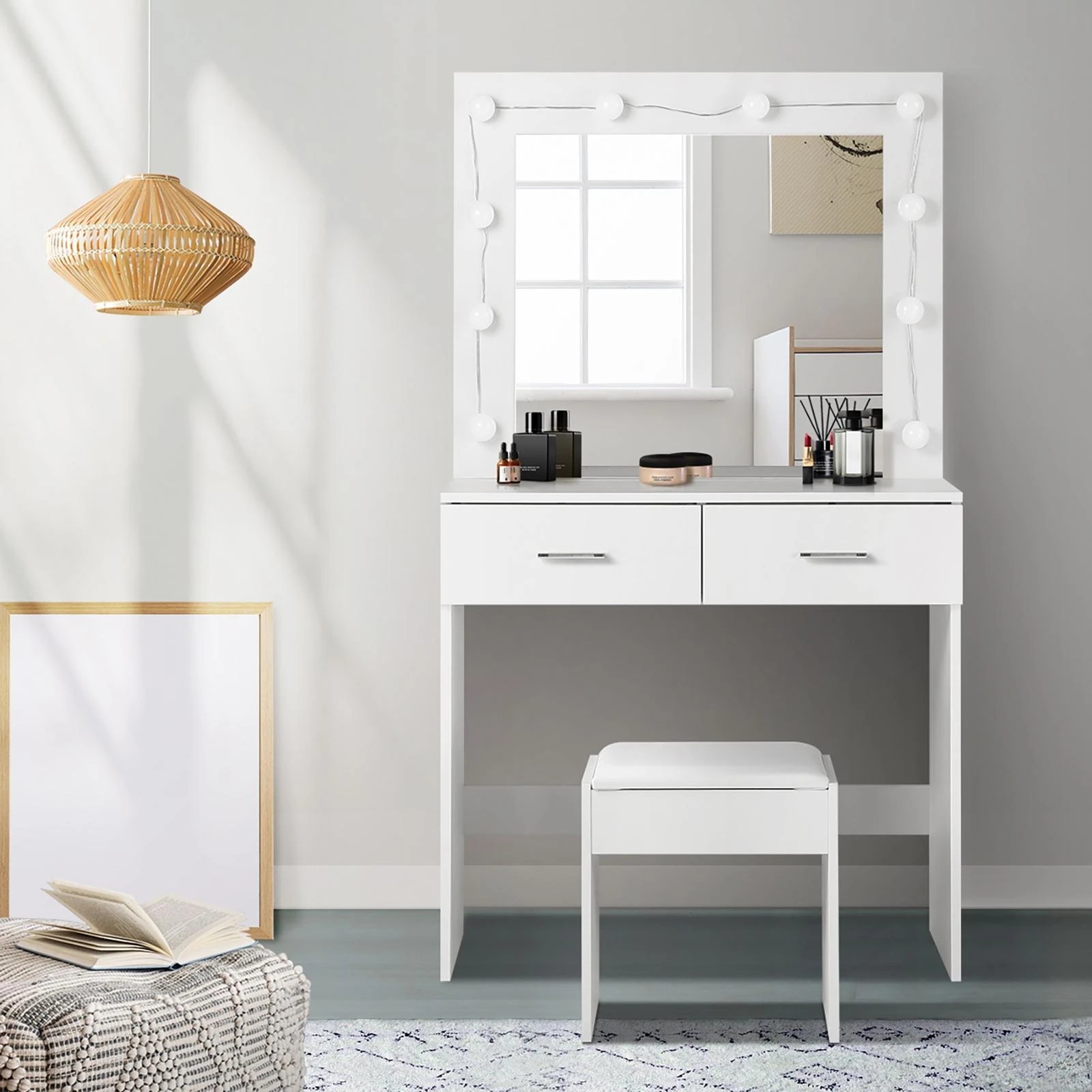 3 Oikiture Dressing Table Stool Set Makeup Mirror Storage Desk 10 Led Bulbs
 - White, 3 of 9