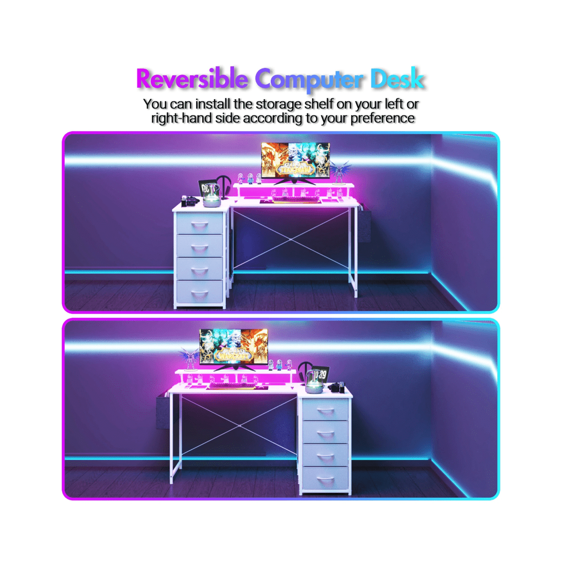 5 Advwin L Shaped Gaming Desk 140cm With Led Lights & Power Outlets Convertible Computer Desk With Monitor Stand White, 5 of 10