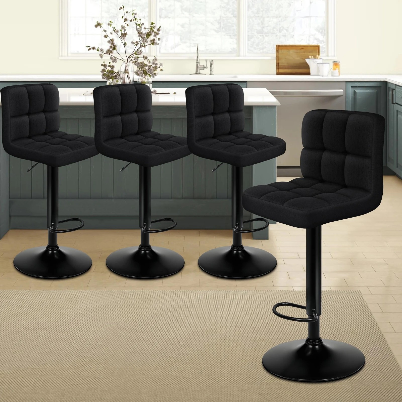3 Alfordson 4x Bar Stools Ralph Kitchen Swivel Chair Fabric Gas Lift - Black, 3 of 6