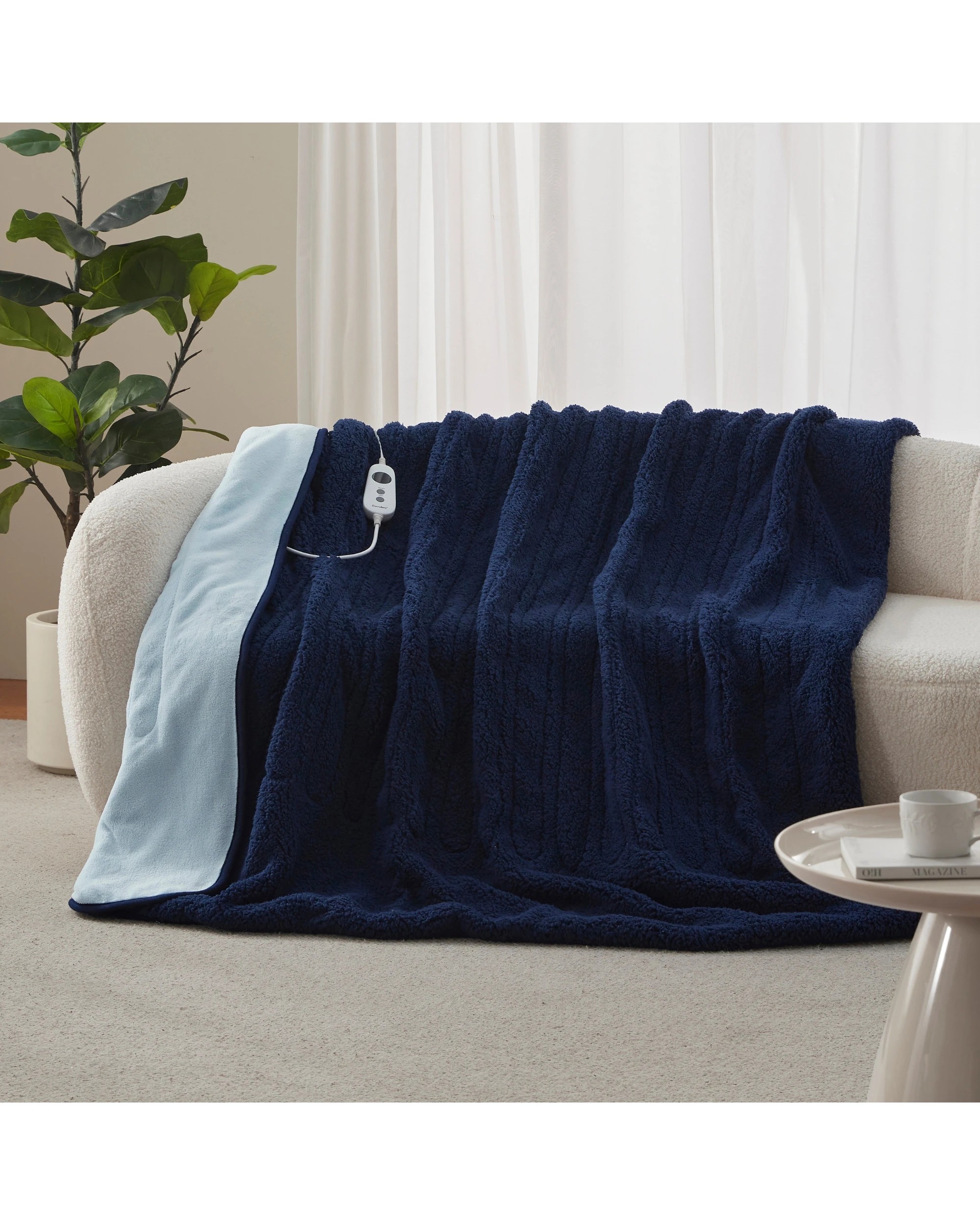 1 Dreamaker Eve Reversible Sherpa & Coral Fleece Heated Throw 180x200cm - Midnight Blue and Sky, 1 of 8