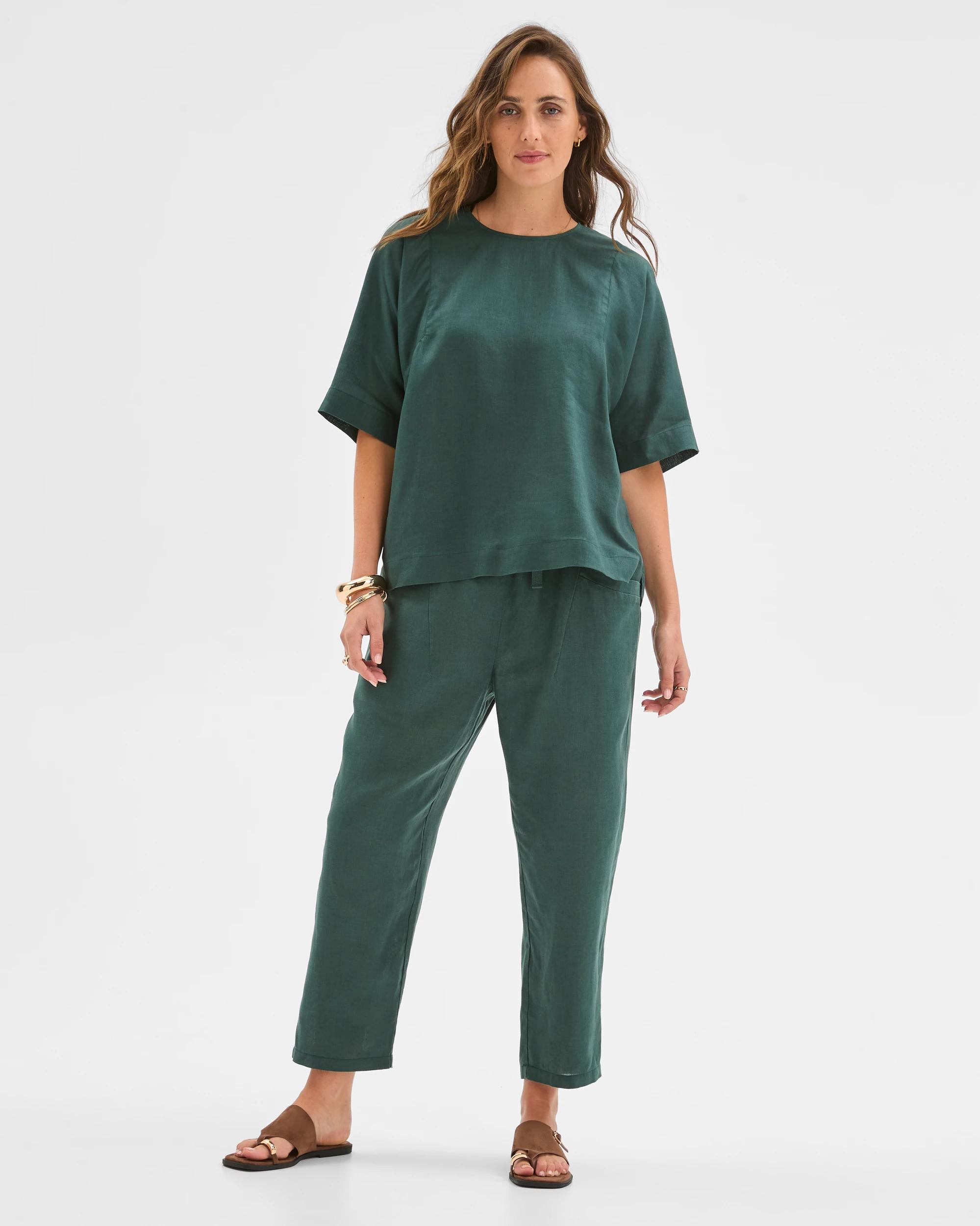2 Target Woman European Linen Seamed T-Shirt DEEP GREEN, 2 of 6