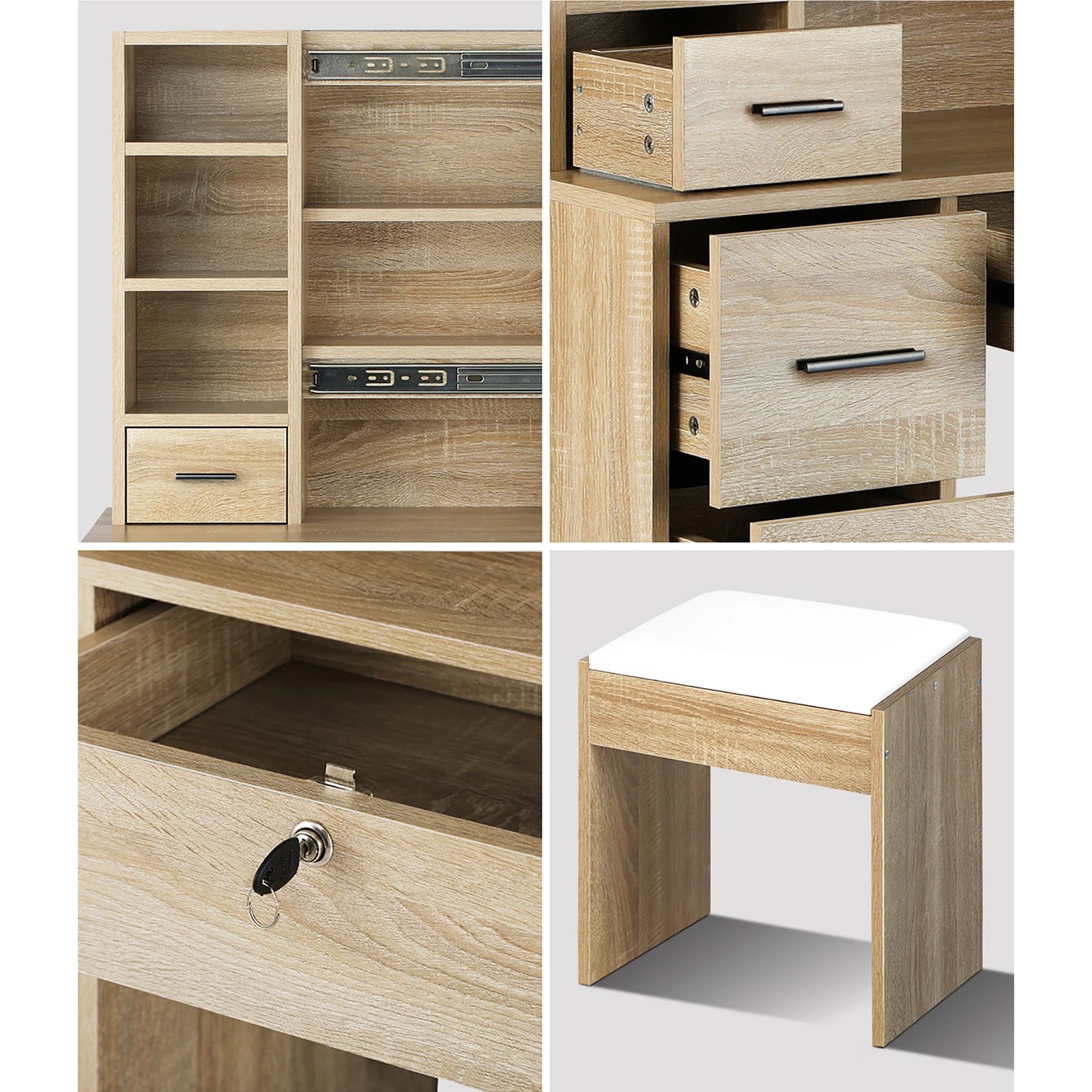 4 Oikiture Dressing Table Stool Set Makeup Slide Mirror Drawer 10 Led Bulbs Wooden
 - Natural, 4 of 9