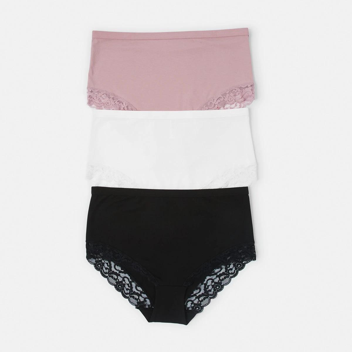 1 3 Pack Cotton Stretch Lace Trim Curve Full Briefs Bk Ow Wr, 1 of 9