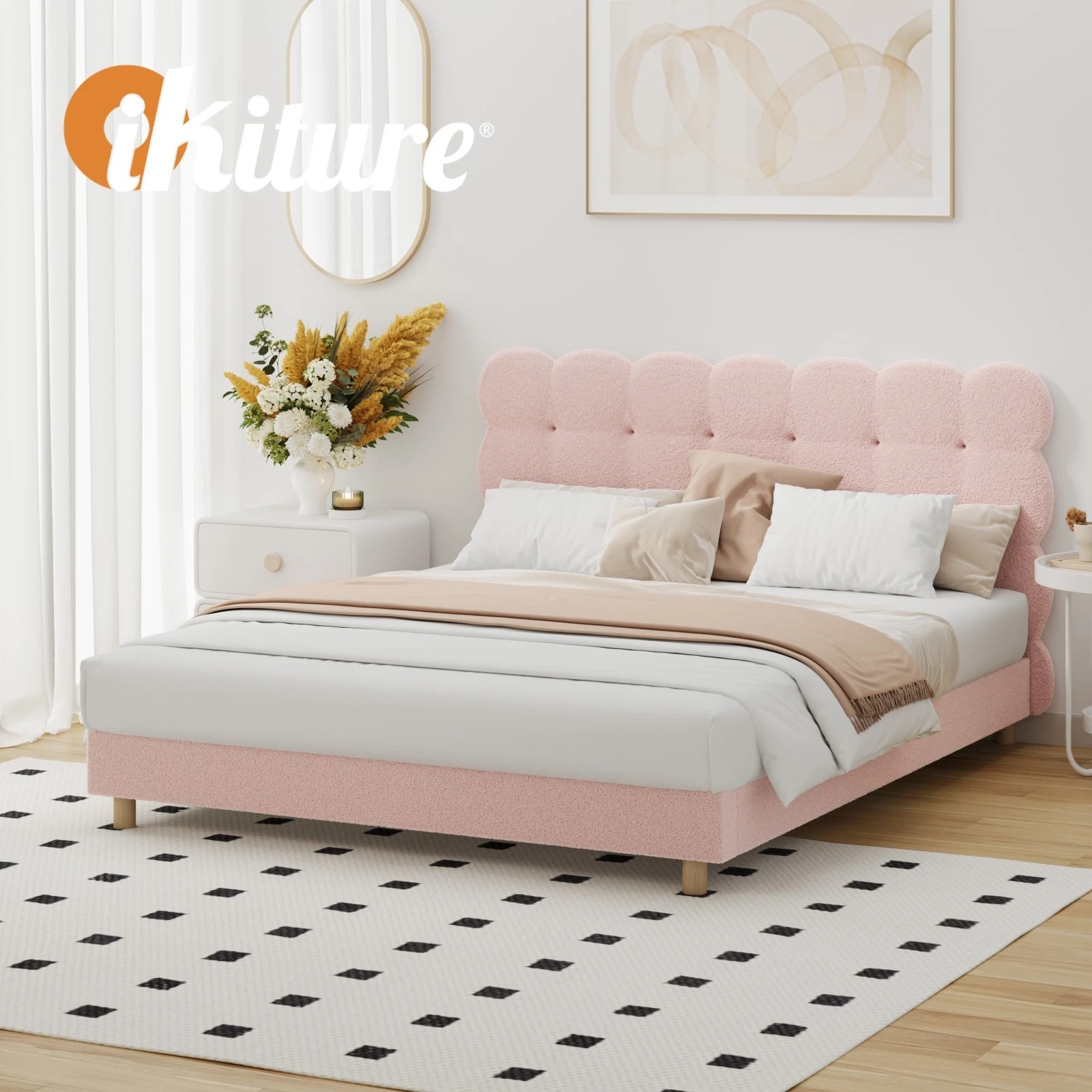 6 Oikiture Queen Bed Tufted Bedhead Boucle Bed Frame
 - Pink, 6 of 10