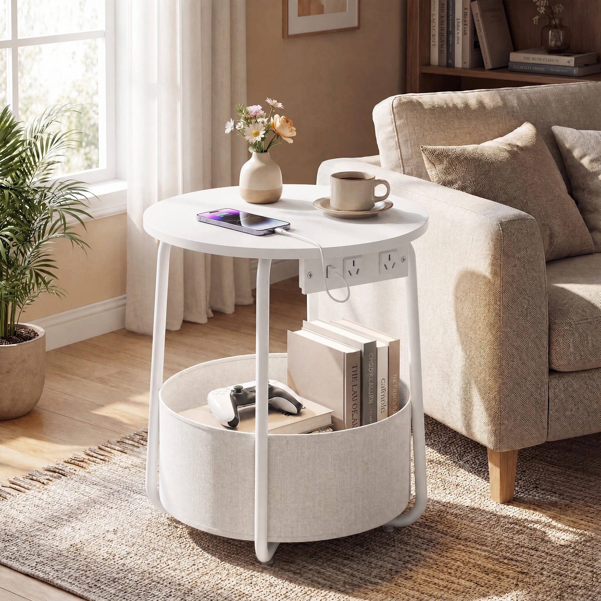 1 Advwin Small Round Side Table with Charging Station Nightstand with Fabric Basket - White, 1 of 8
