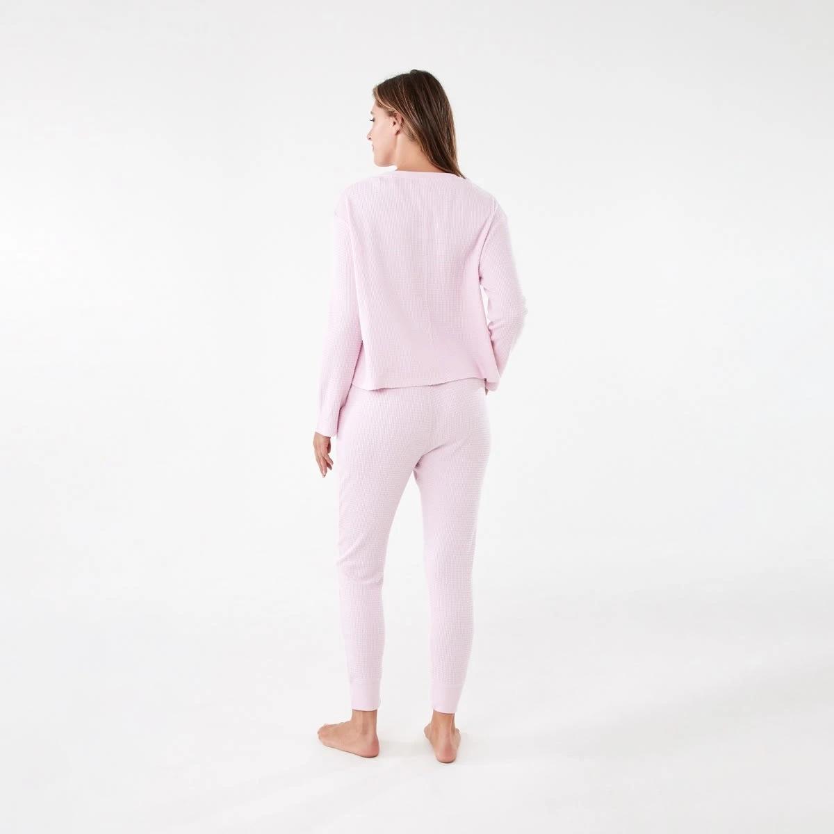 3 Waffle Long Sleeve Top and Pants Lounge Pyjama Set Pink Marle, 3 of 7