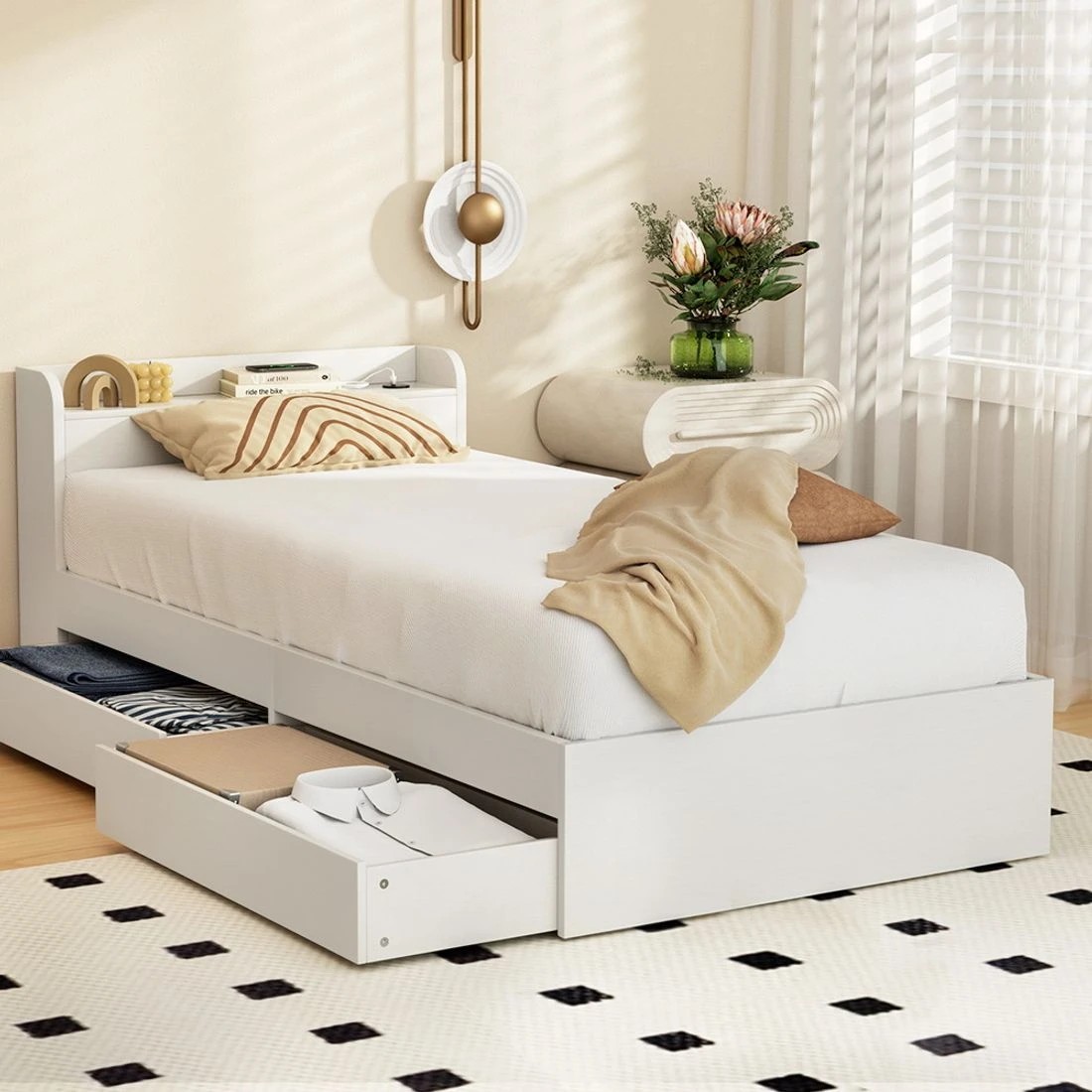 10 Artiss Bed Frame Single Size With Charging Ports And 2 Drawers Durable Space Saving Modern Decor Easy Assembly - White, 10 of 10