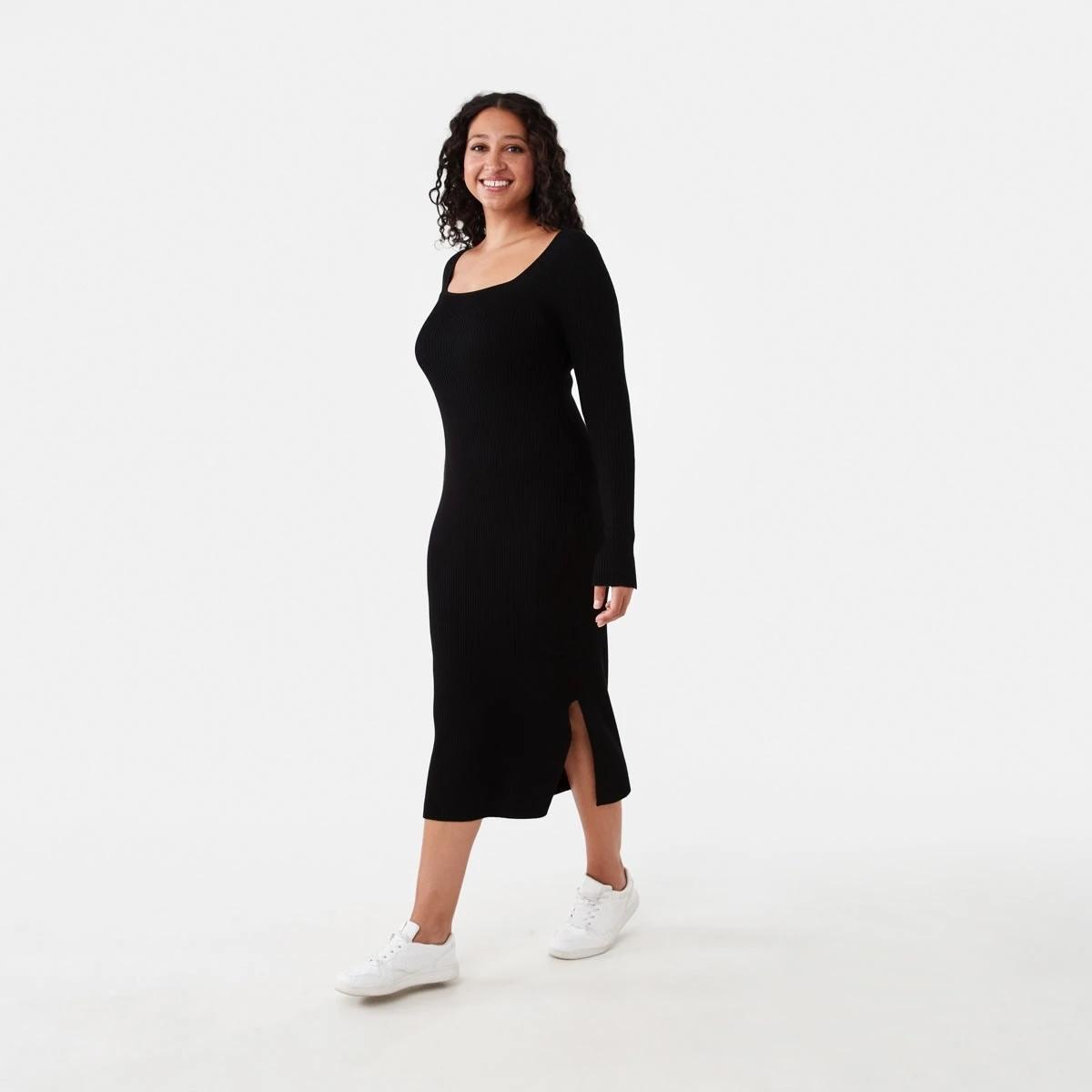 2 Long Sleeve Square Neck Knit Midi Dress Black, 2 of 6
