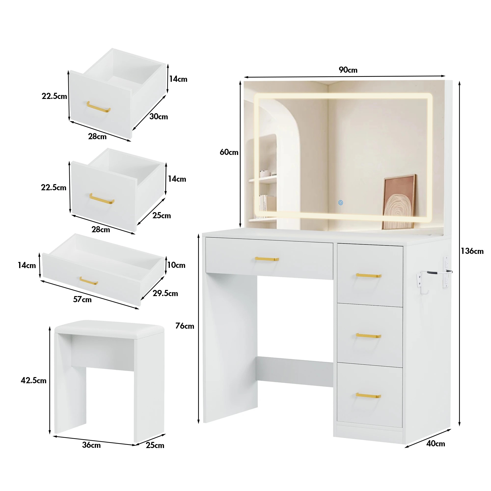 3 Advwin Makeup Vanity Desk with Large LED Mirror Charging Station - White, 3 of 10