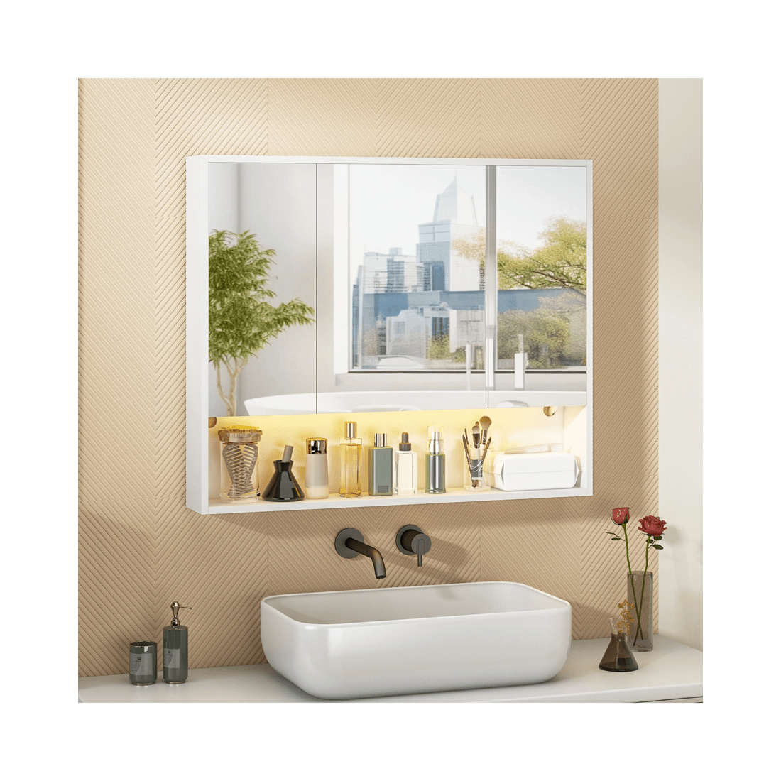 2 Advwin 90 cm LED Bathroom Mirror Cabinet Wall Mounted Cupboard Storage w/ 3 Doors Shaving Cabinets, 2 of 8