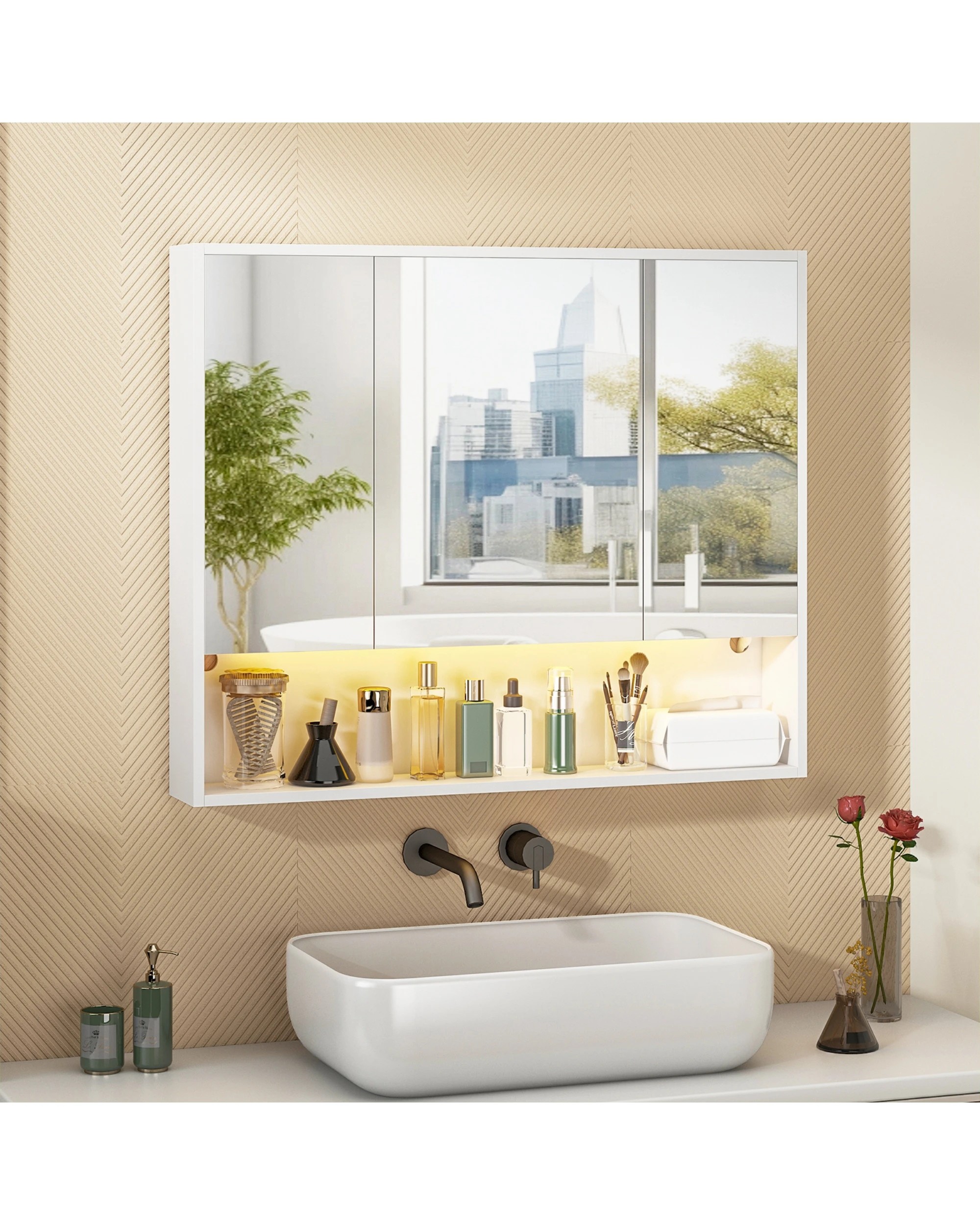 2 Advwin 90 cm LED Bathroom Mirror Cabinet Wall Mounted Cupboard Storage w/ 3 Doors Shaving Cabinets, 2 of 8