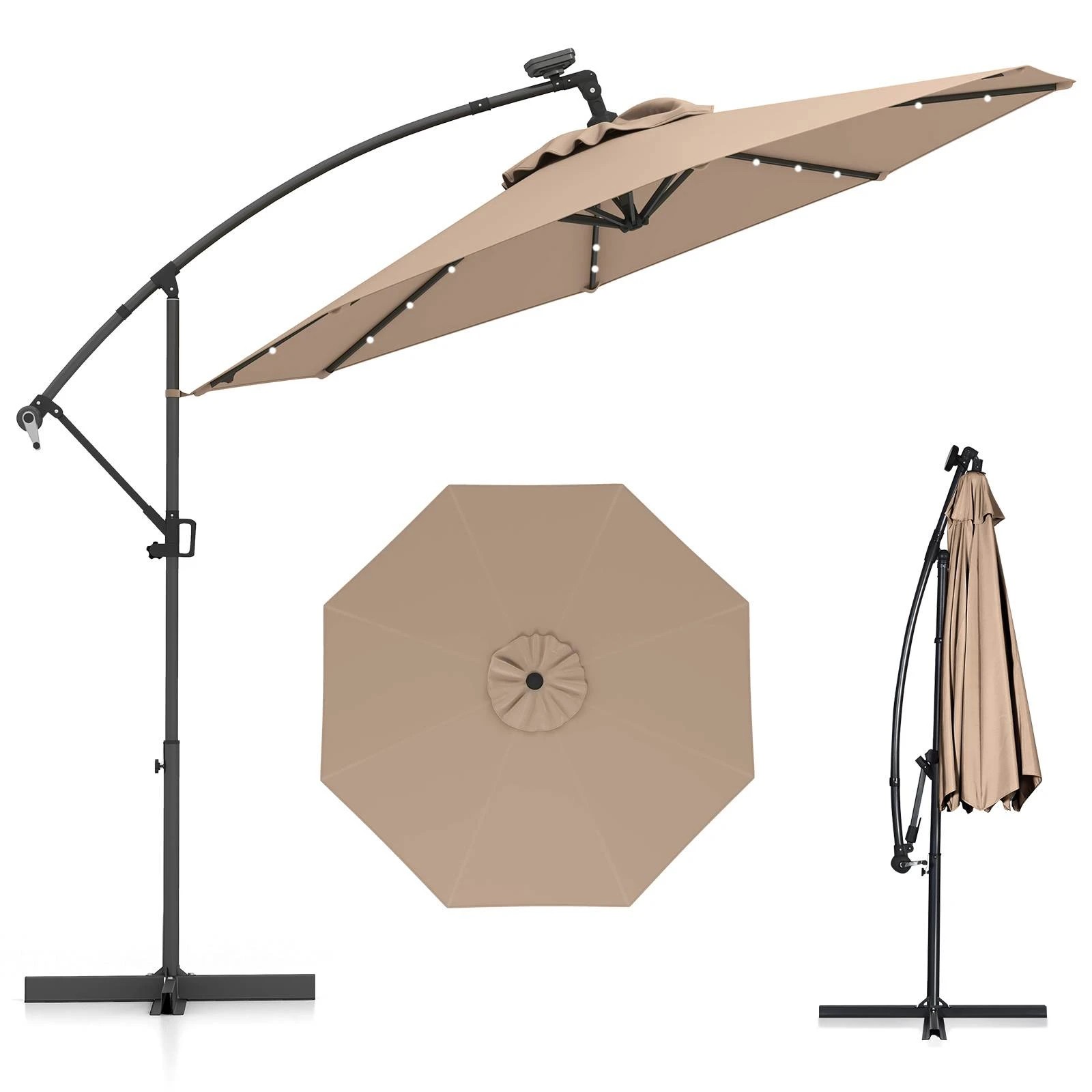 1 Costway 3M Patio Offset Umbrella Solar LEDs Cantilever Umbrella - Brown, 1 of 1