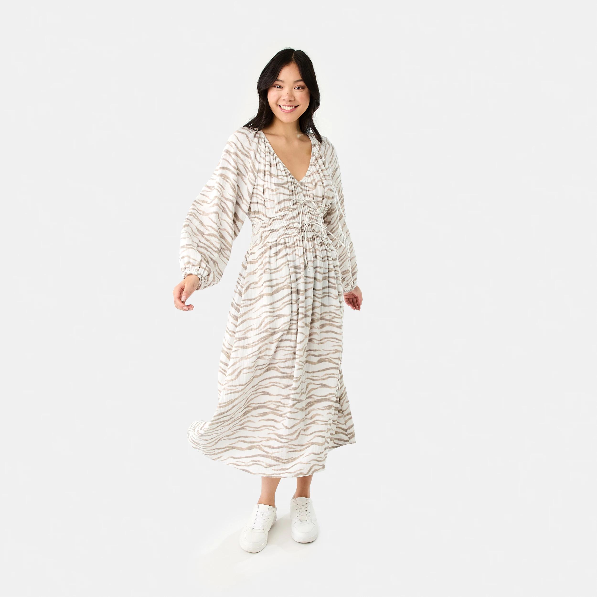 1 Long Sleeve Shirred Detail Midi Dress SOFT ZEBRA CLOUD DANCER, 1 of 8