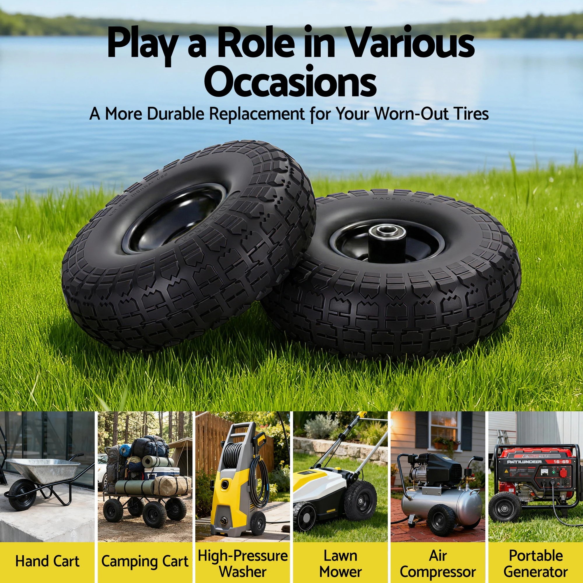 6 Gardeon 2pcs, 4.10/3.50-4 Tire And Wheel Flat Free, 26cm Solid Rubber Tires with 5/8 Axle Bore Hole - Black, 6 of 9