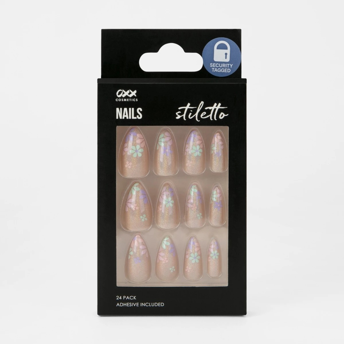 1 OXX Cosmetics 24 Pack False Nails with Adhesive - Stiletto Shape, Pastel Flowers, 1 of 5