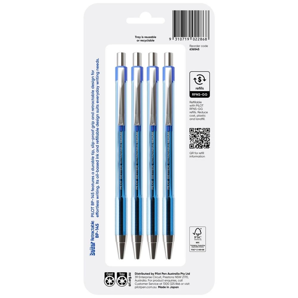 2 PILOT BP145 Retractable Ballpoint Pen Medium 1mm Blue 4 Pack, 2 of 8