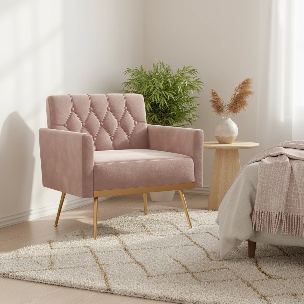 2 Costway Modern Accent Armchair Velvet Sofa Chair w/Button Tufted Back & Golden Metal Legs - Pink, 2 of 4