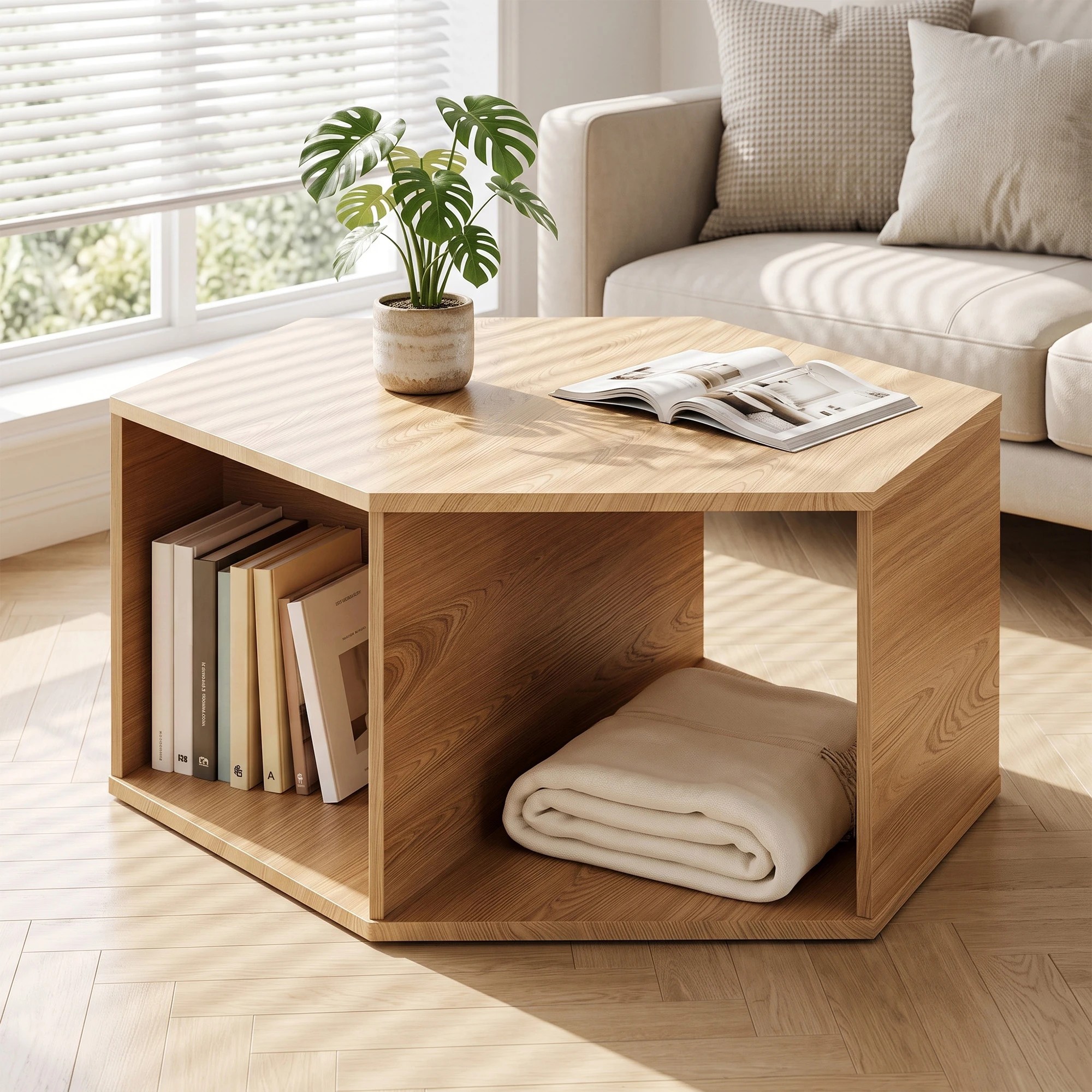 5 Artiss Coffee Table Hexagonal Center Table with Open Storage 2-Way Display Side Table Wood - Natural, 5 of 7