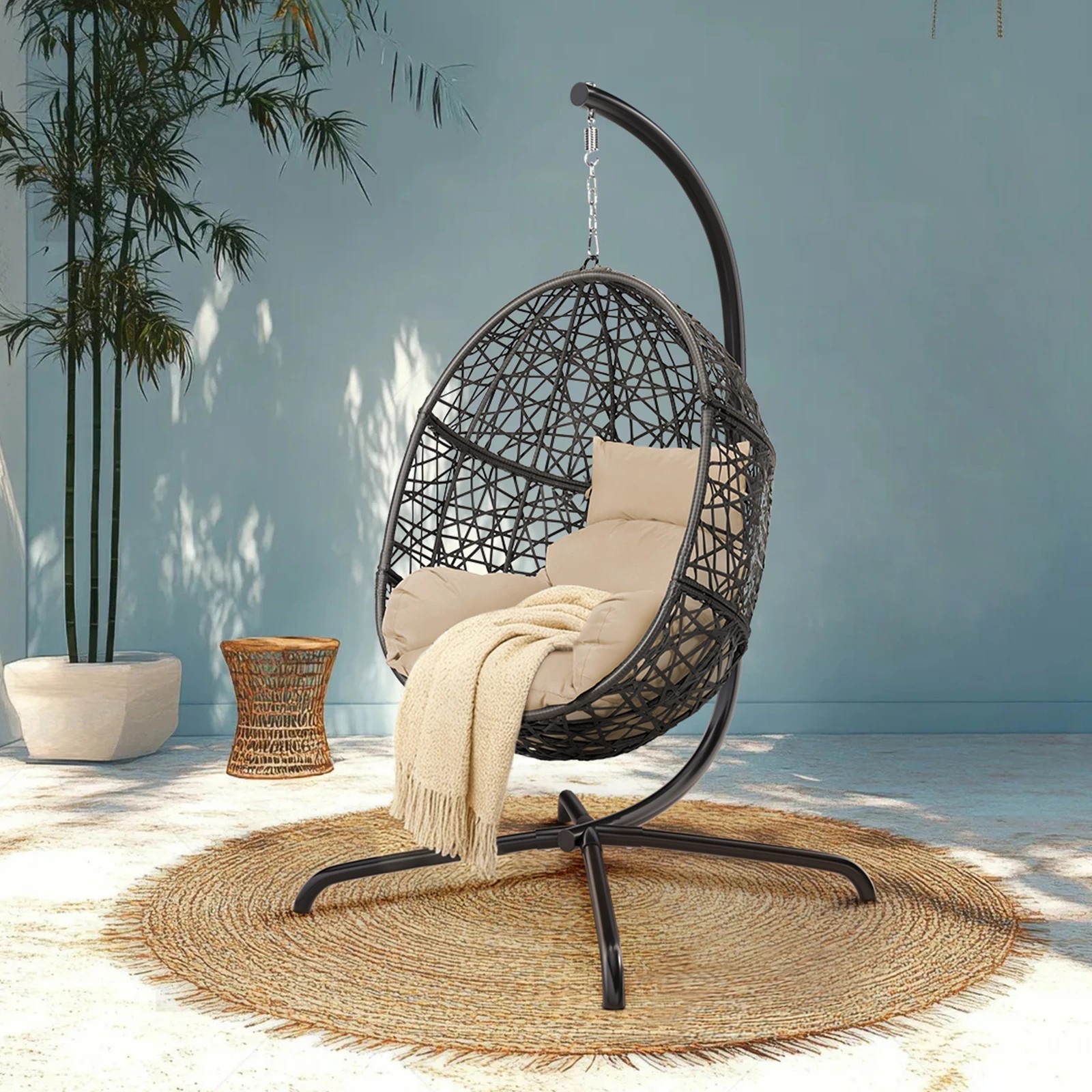 5 Alfordson Outdoor Egg Swing Chair Wicker Rattan Pod Basket Hanging Seat - Beige, 5 of 10