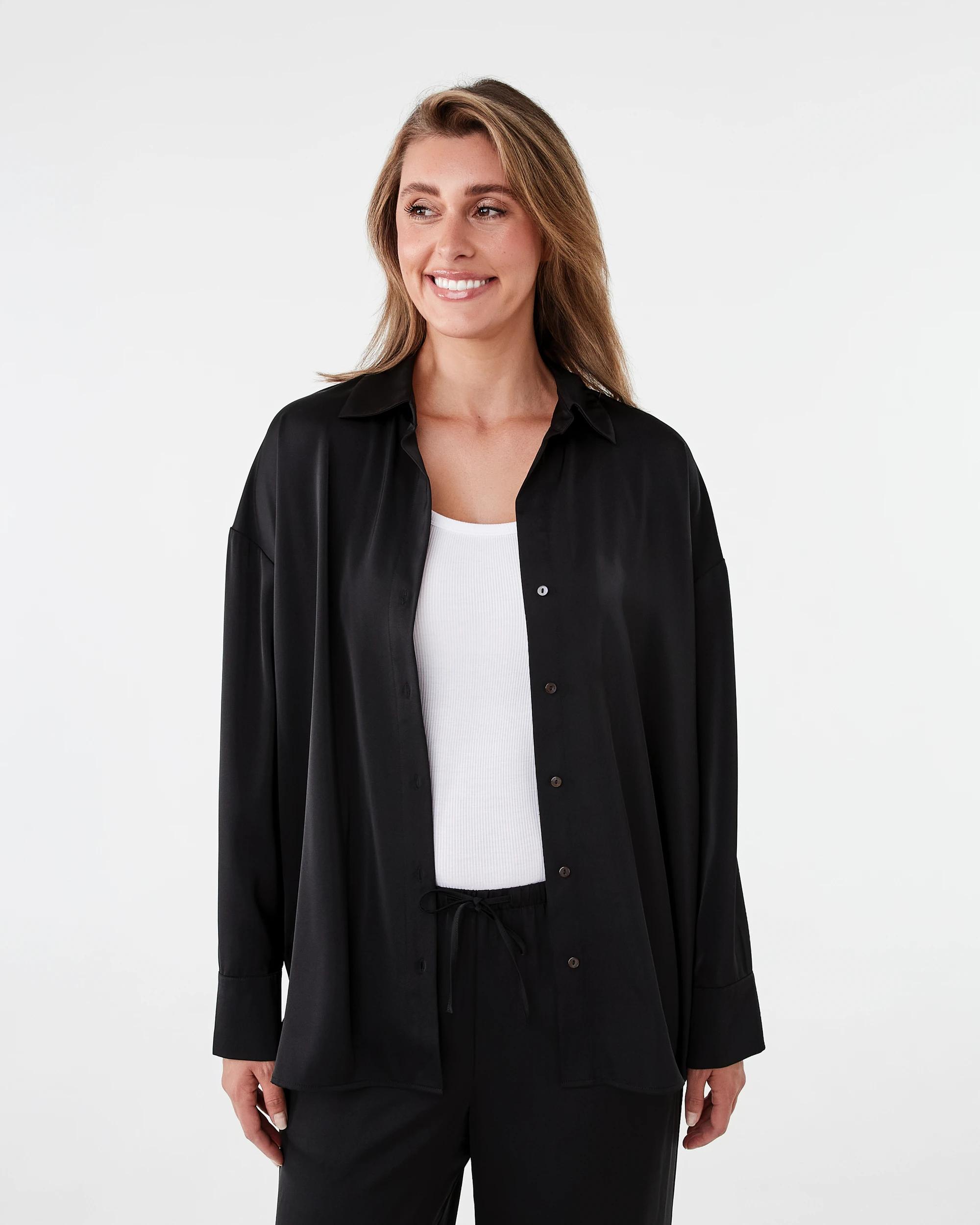 1 Long Sleeve Oversized Satin Shirt Black, 1 of 10