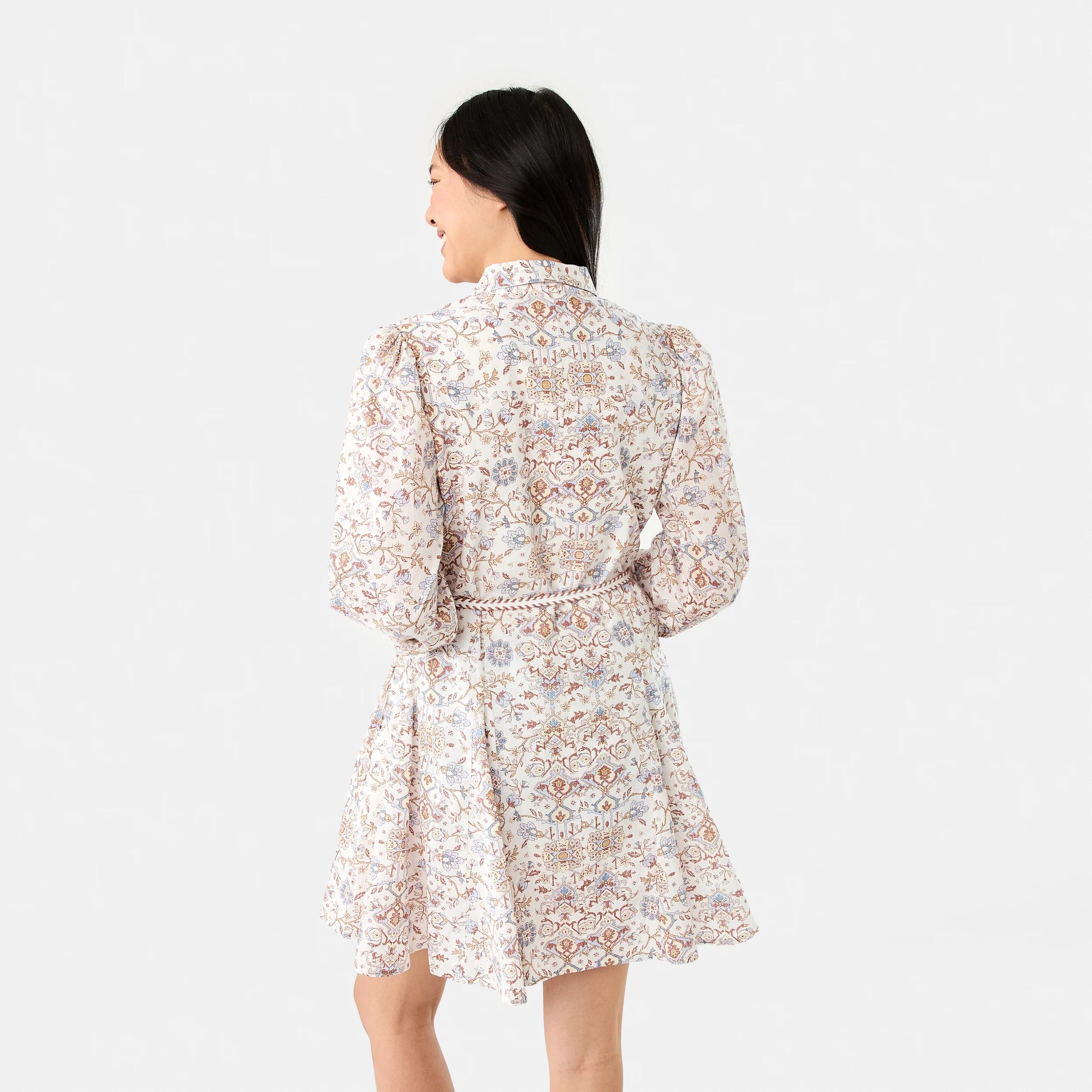 4 Long Balloon Sleeve Tie Waist Mini Dress BOHO FLORAL BRUNI BLUE, 4 of 10