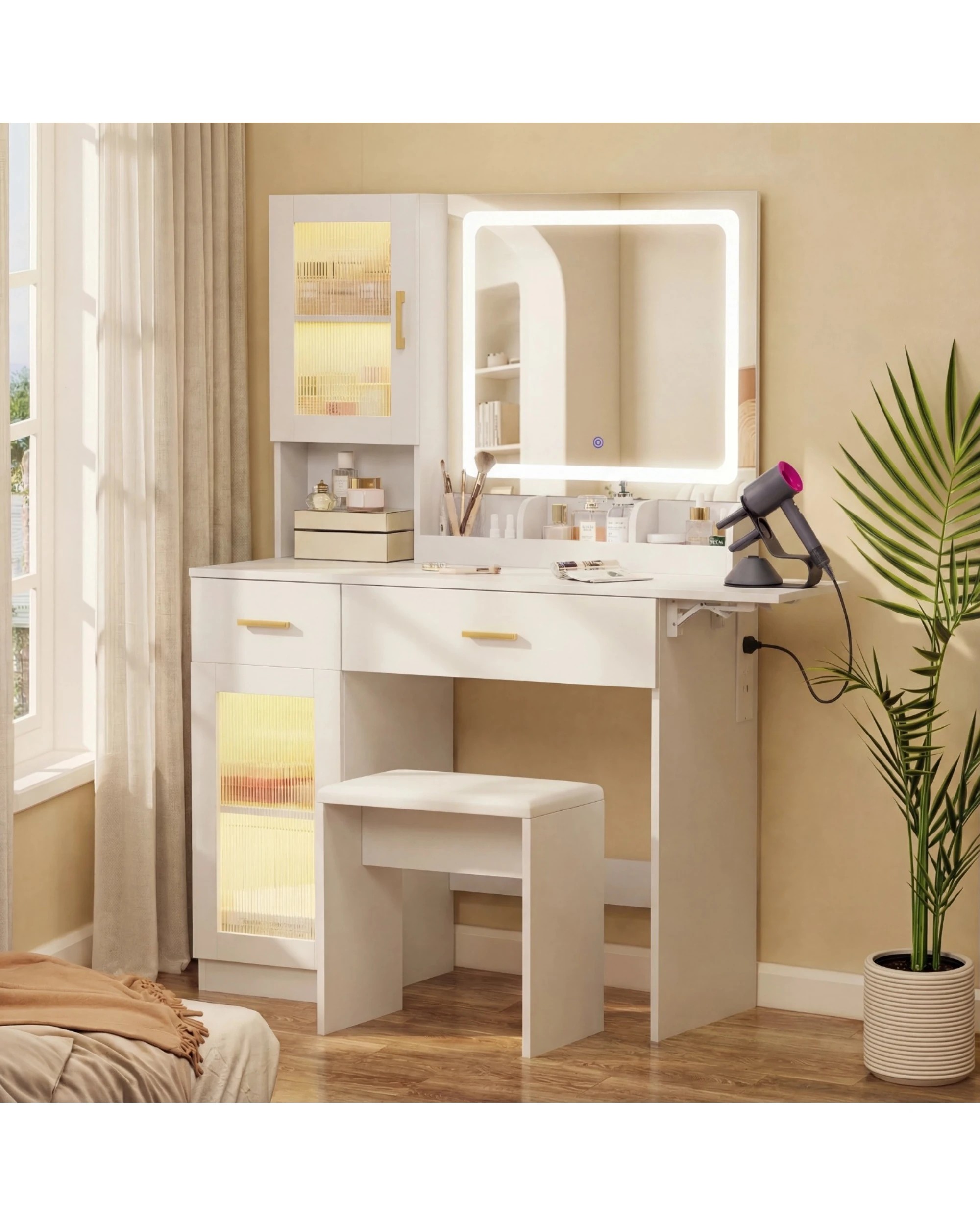2 Advwin Dressing Table with LED Mirror,RGB Cabinet, Charging Station & Foldable Countertop - White, 2 of 10
