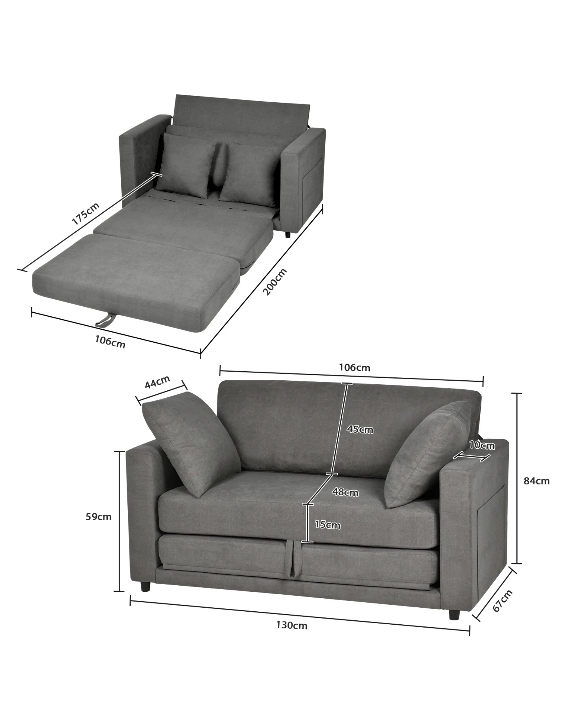 9 Advwin 130cm 2 in 1 Convertible Sofa Bed w/ Side Pocket & Pillows Folding Loveseat Sleeper Fold Out Linen Floor Couch, 9 of 9