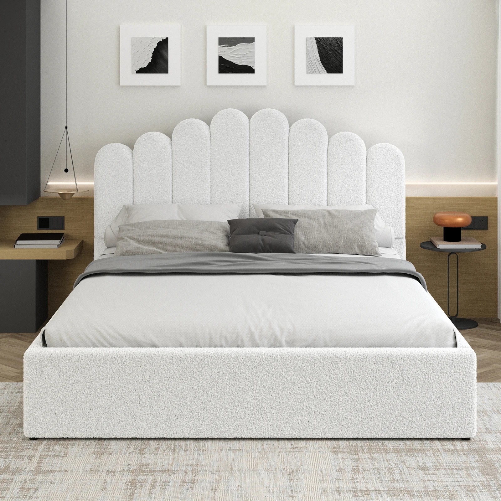 3 Alfordson Bed Frame Queen Size Gas Lift Storage Base Wooden Boucle Milton - White, 3 of 10