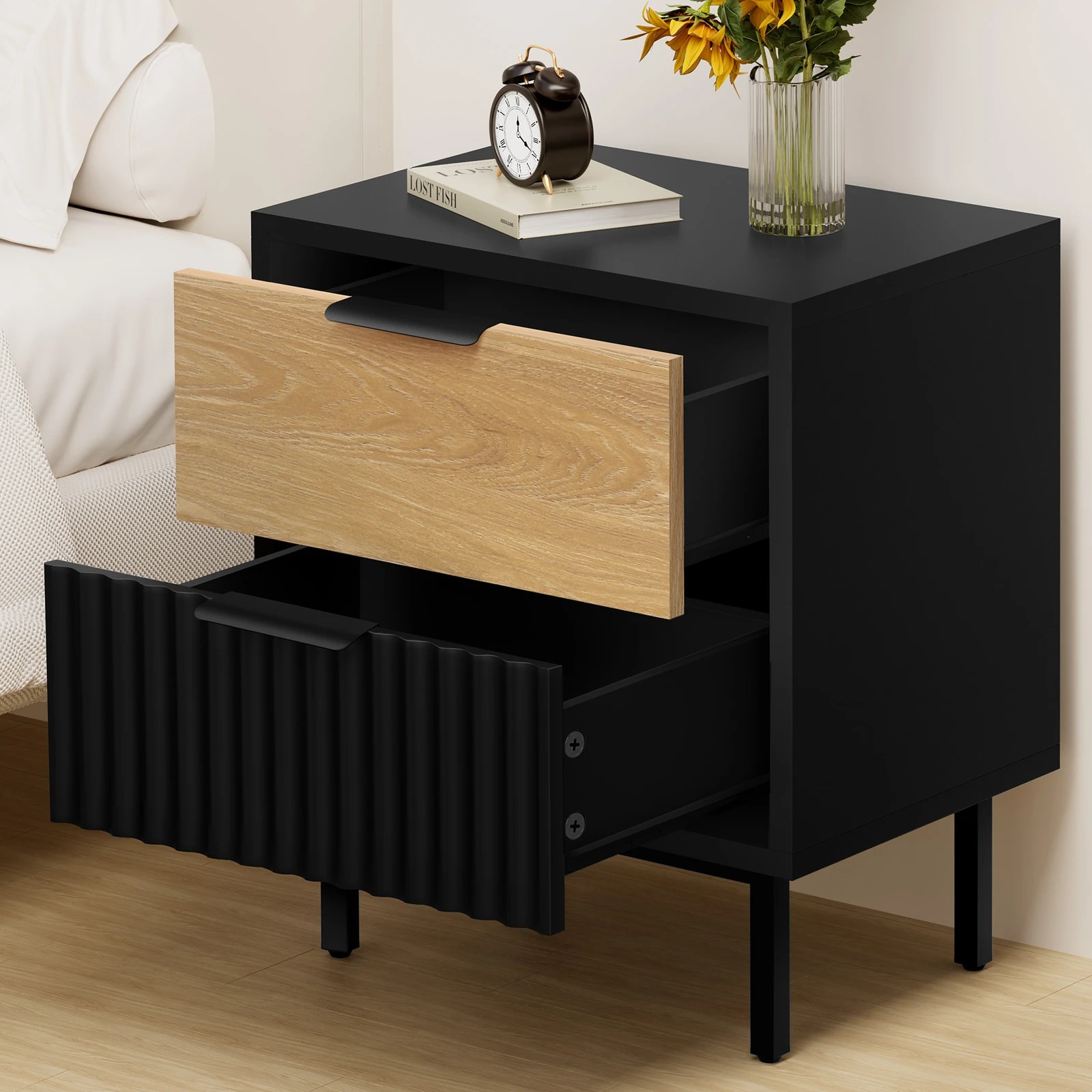 6 Alfordson Bedside Table Nightstand 2 Drawers Side Storage Cabinet - Black Wood, 6 of 10