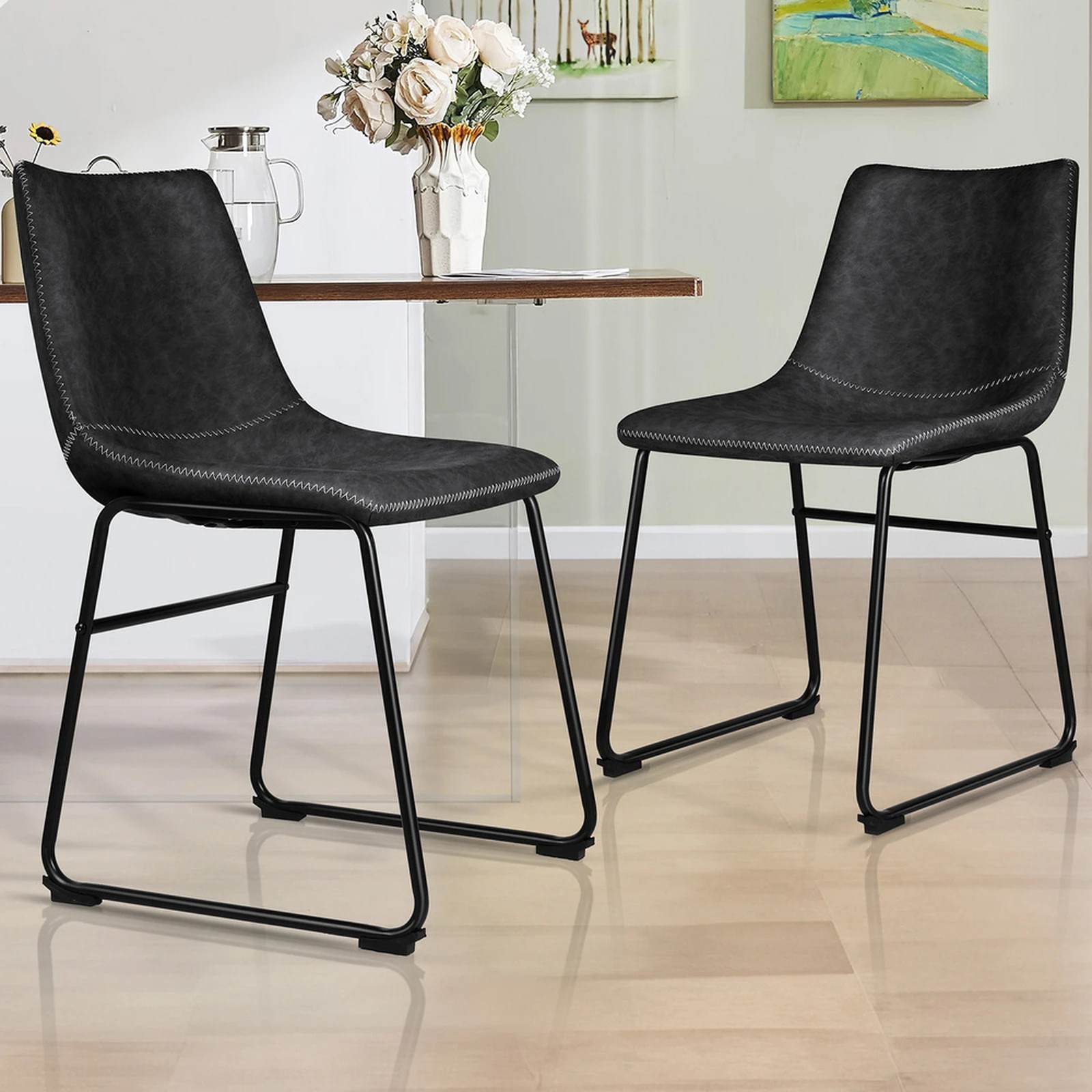 10 Alfordson 2x Dining Chairs Kitchen Lounge Cafe Seat Retro PU Leather - Black, 10 of 10