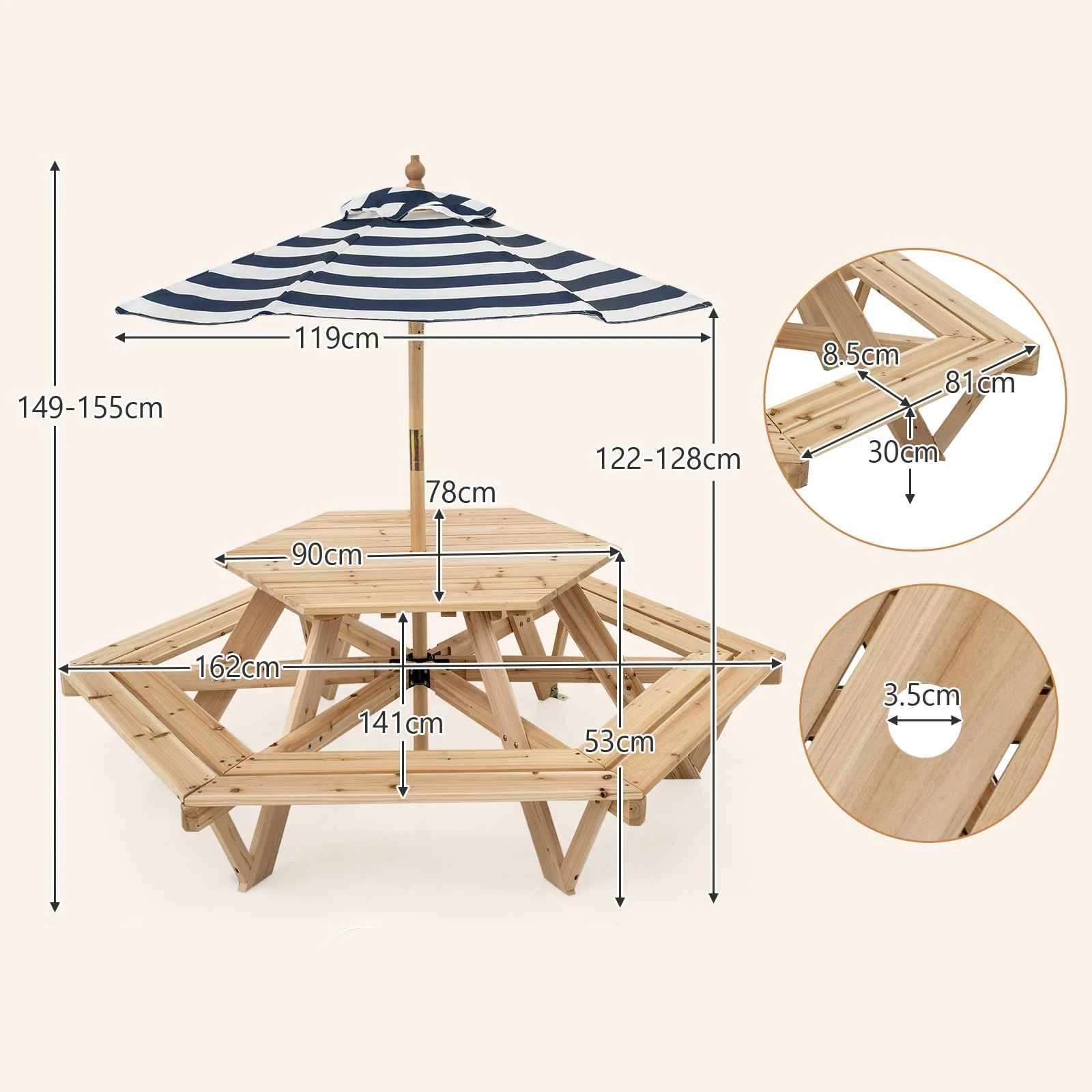 2 Costway Picnic Table Activity Chairs Set Removable Umbrella Solid Wood Outdoor Table Bench, 2 of 3