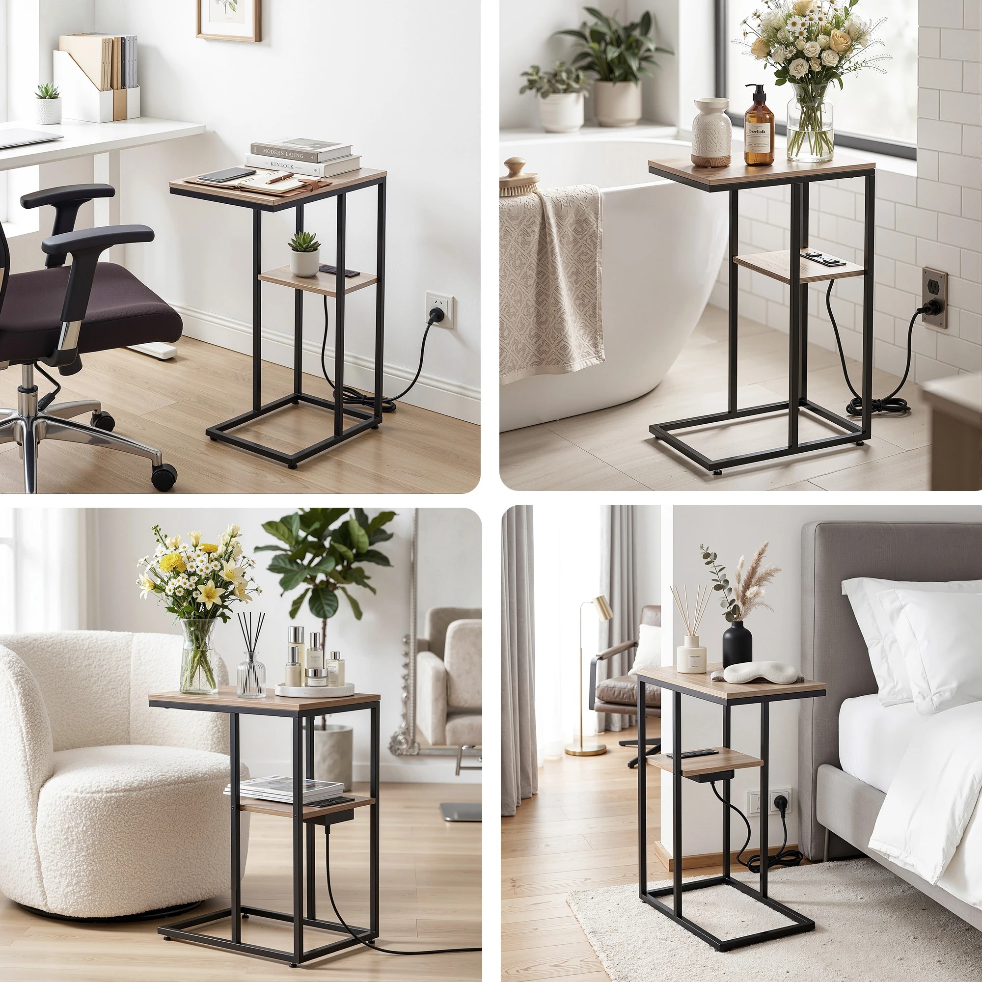 7 Artiss C-Shaped End Table Charging Station 2-Tier Smart Side Coffee Table Bedside Wood - Black, 7 of 8