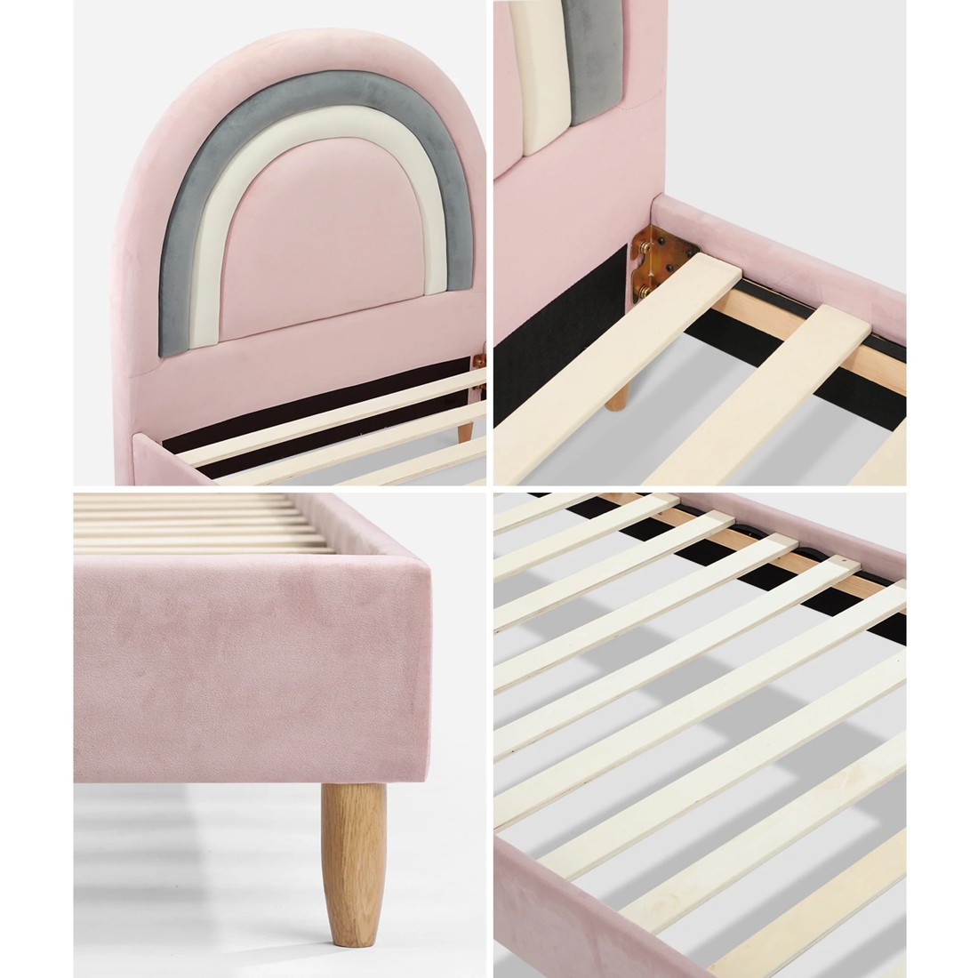 4 Oikiture Single Bed Frame Rainbow Kids Bed Base Velvet
 - Pink, 4 of 10