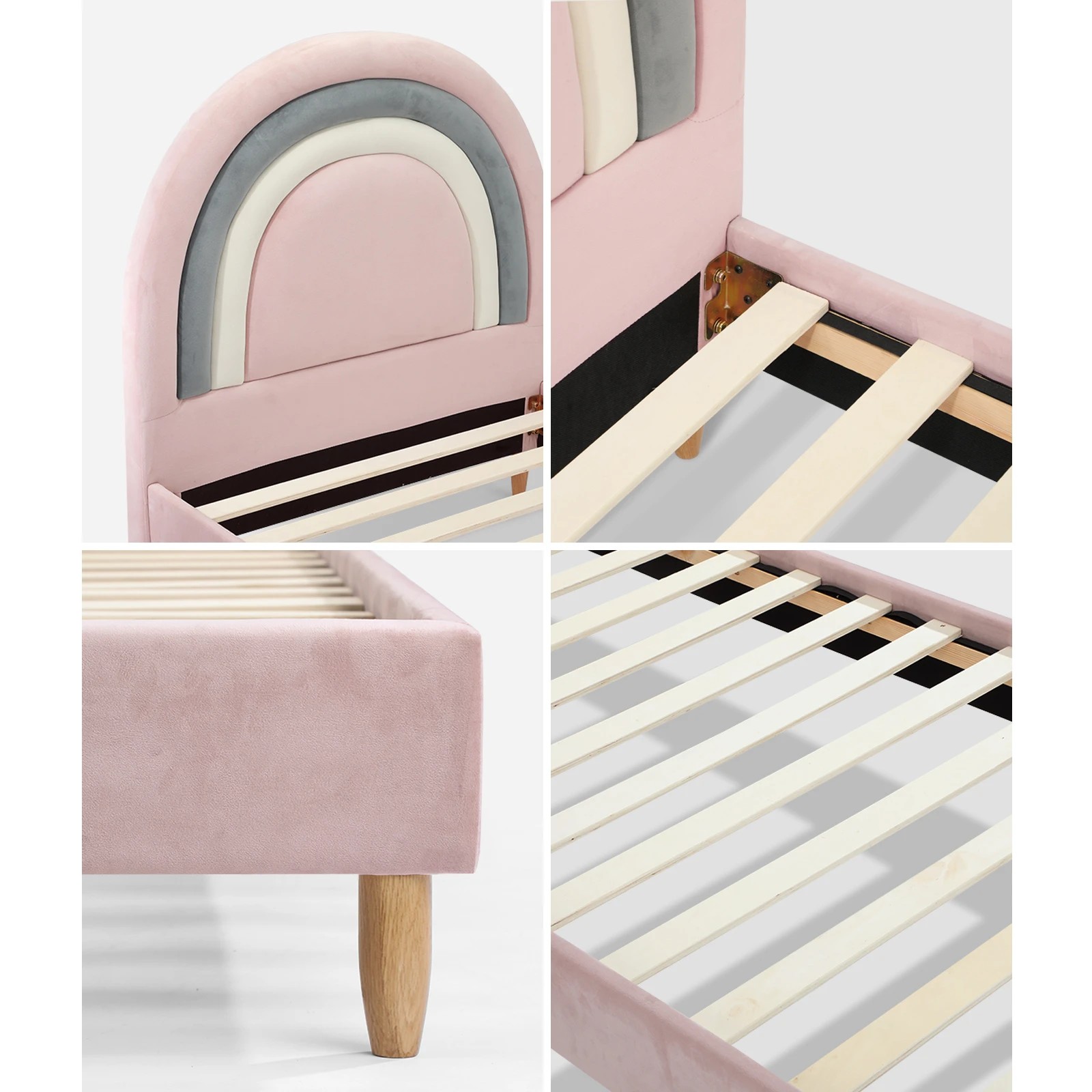 4 Oikiture Single Bed Frame Rainbow Kids Bed Base Velvet
 - Pink, 4 of 10