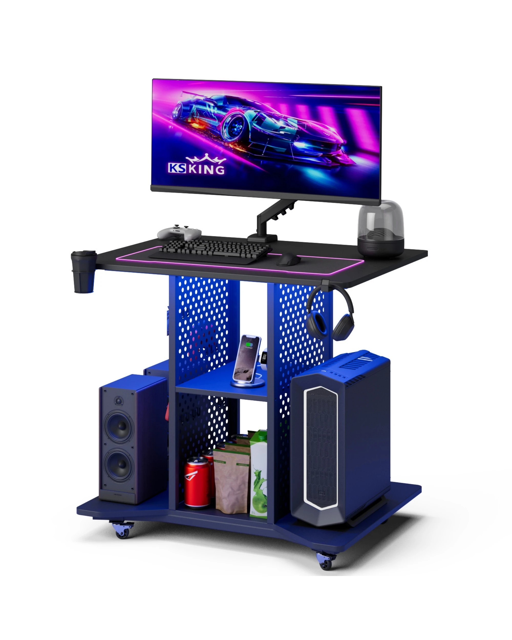 2 Movable Gaming Desk with LED Lights & Power Outlet, 2 of 8