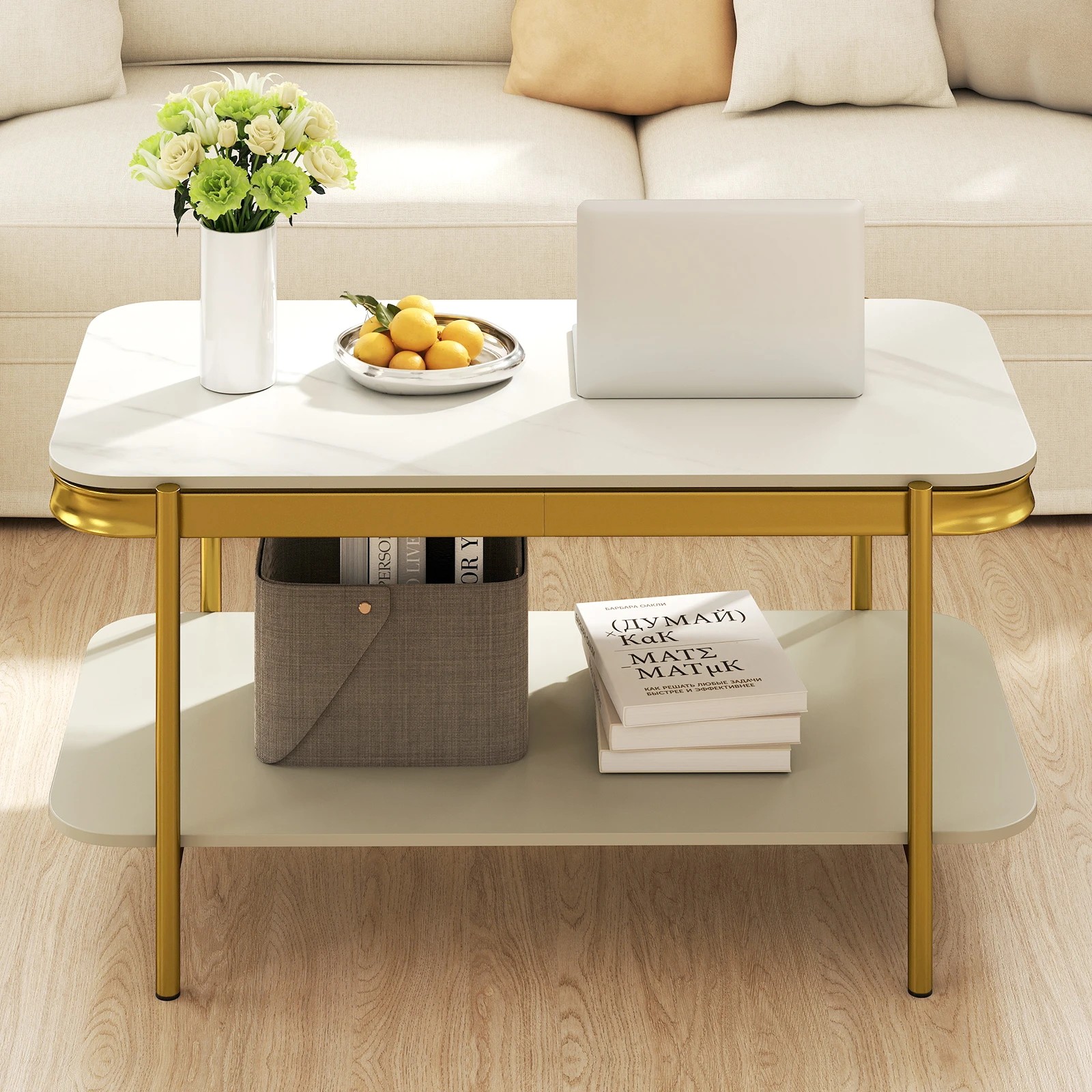 5 Costway 2-Tier Coffee Table Rectangular Center Table Luxurious Accent Cocktail Table, 5 of 6