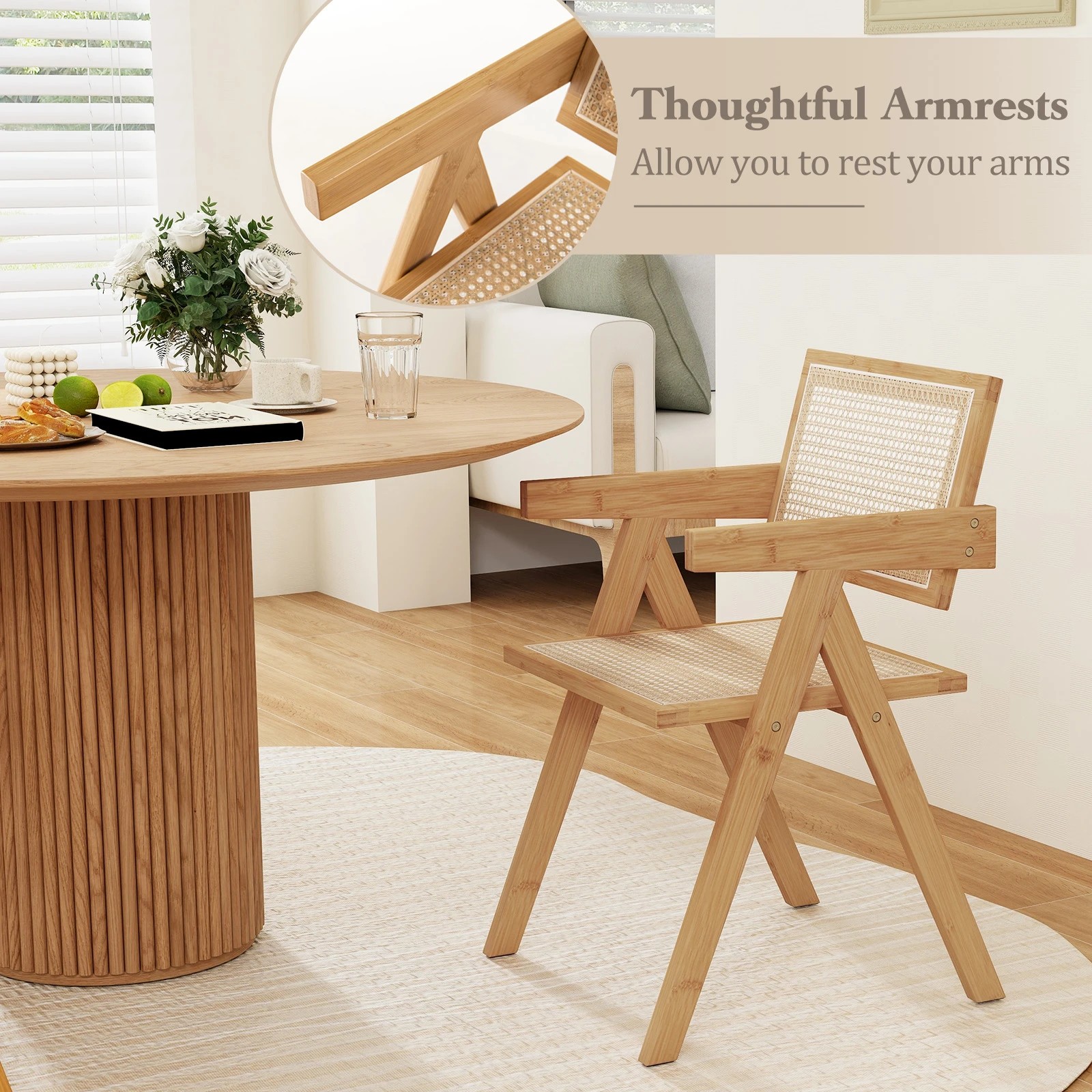 4 Costway Rattan Dining Chair Kitchen Armchair w/Bamboo Frame Accent Wicker Lounge Seat, 4 of 8