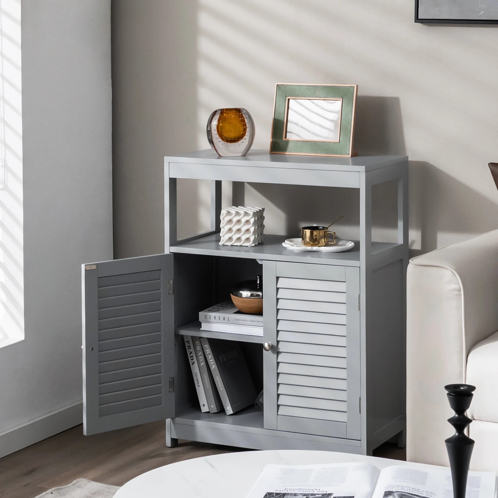 5 Costway Bathroom Storage Cabinet Floor Storage Cupboard w/2 Doors & Open Shelf - Grey, 5 of 7
