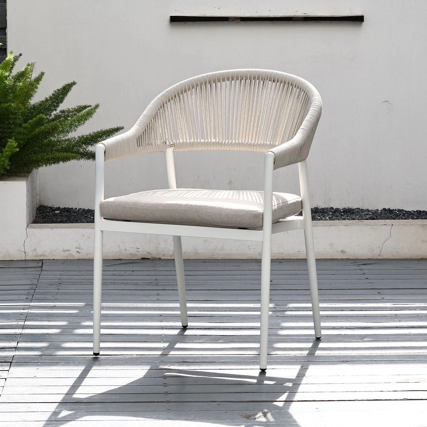 4 Moda Living Fraser White Aluminium Outdoor Dining Chairs with Arms - Beige Rope and Cushion (Set of 4) - White, 4 of 10