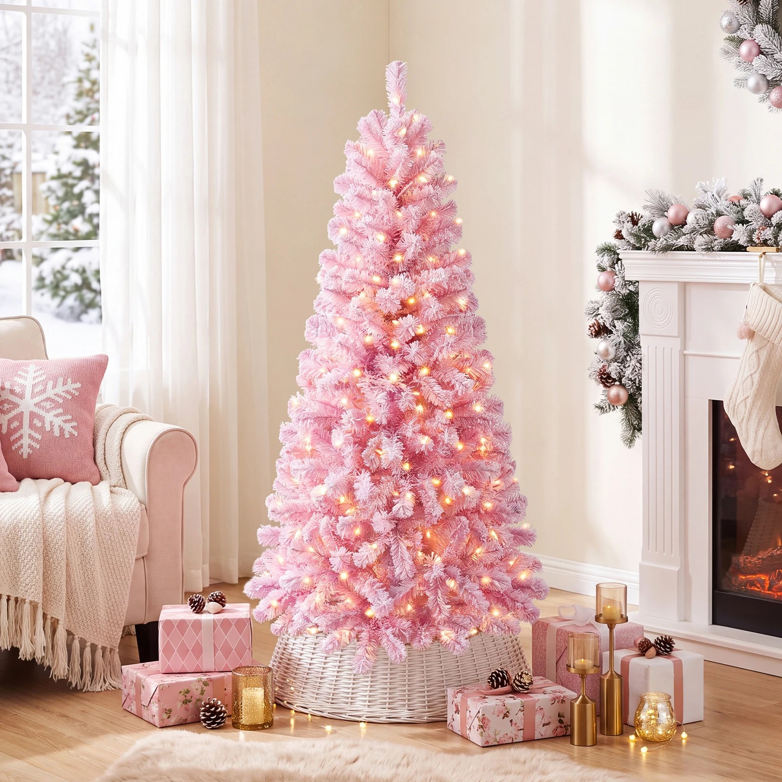 3 Costway 150cm Flocked Fir Christmas Tree Pink Artificial Xmas Tree w/160 LEDs, 3 of 6