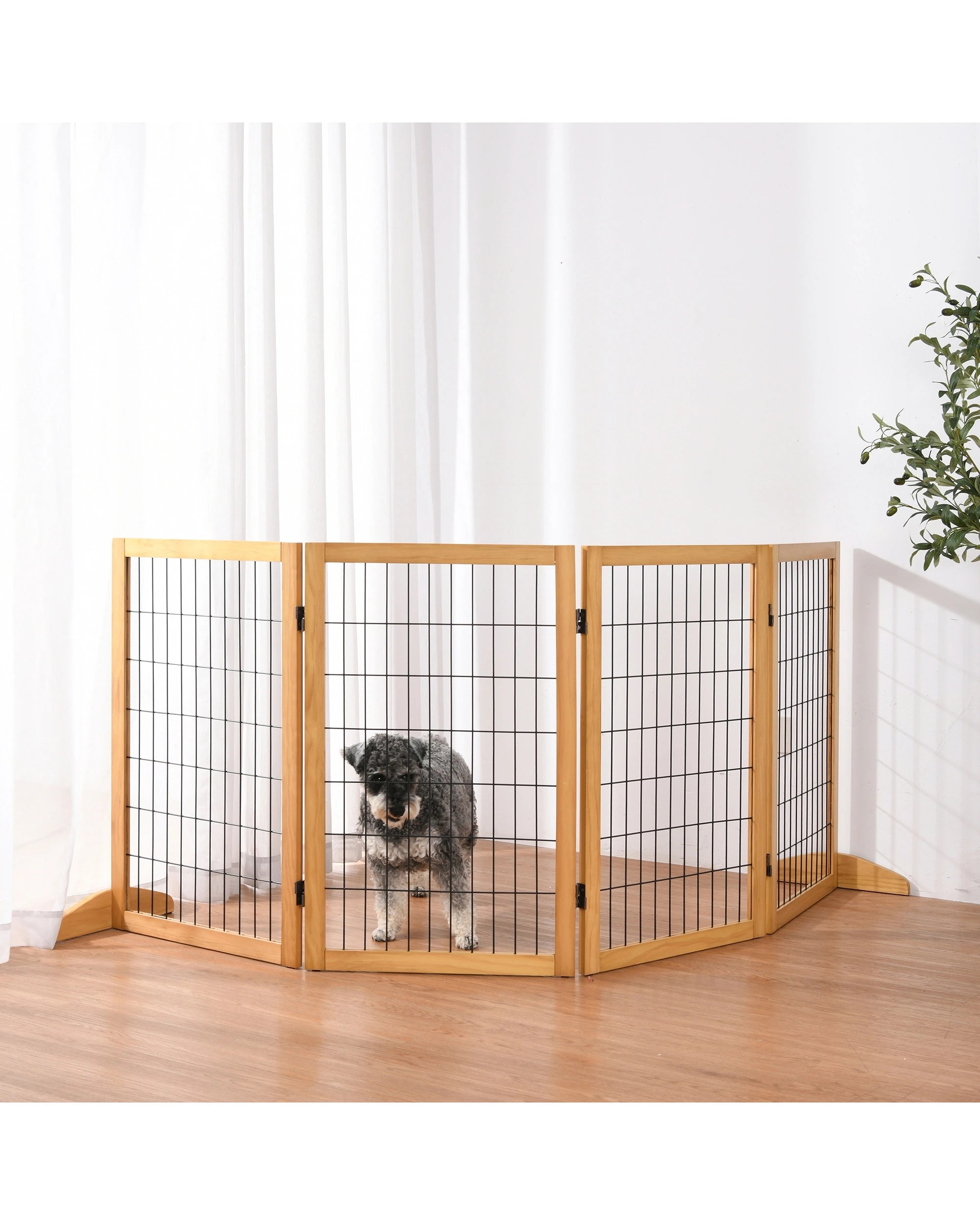 1 Charlie's Nature Freestanding Wood/Metal Pet Gate Natural Pinewood 4 Panel - Natural and Black, 1 of 5