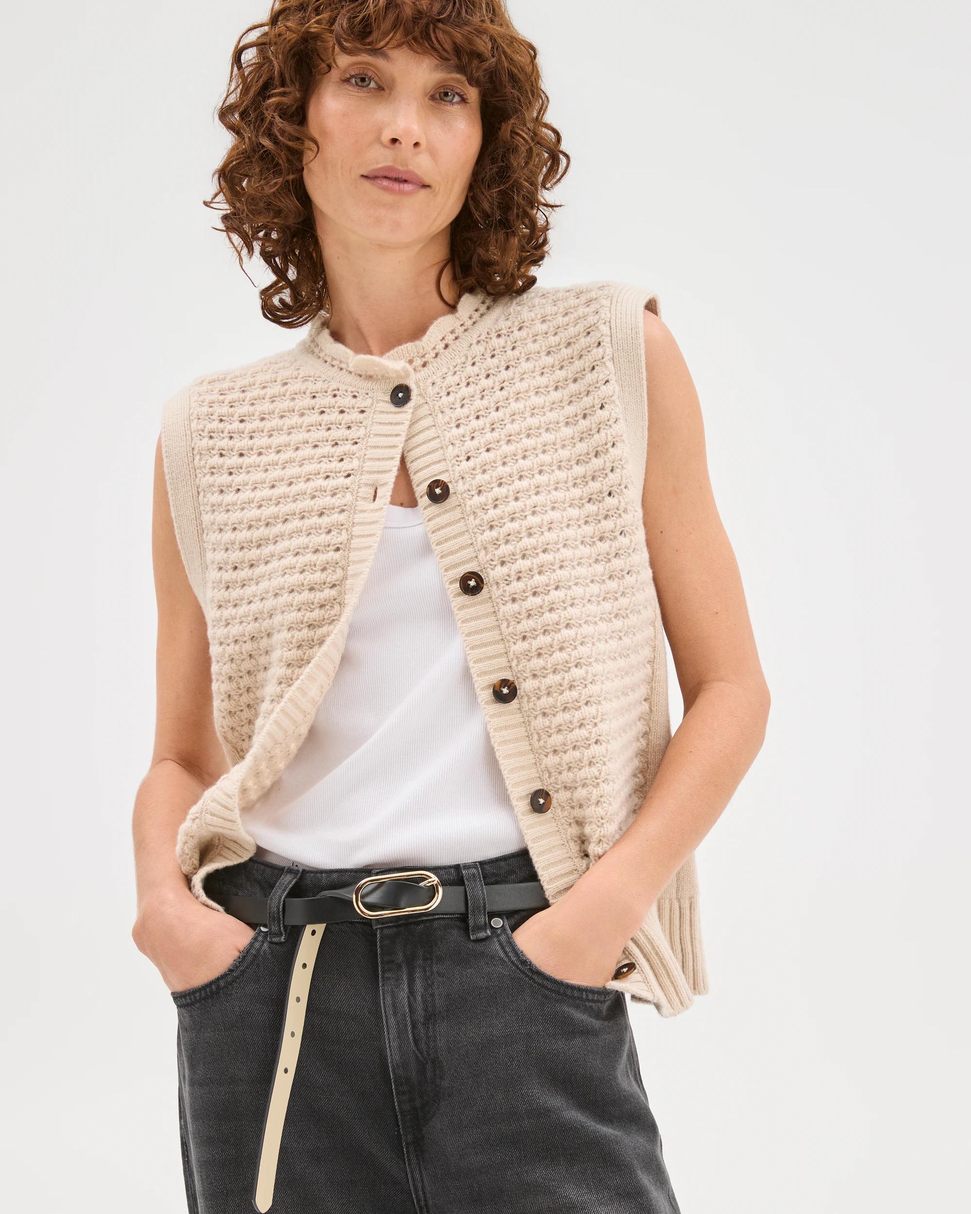 2 Target Woman Basket Stitch Ruffle Neck Vest PUMICE, 2 of 7