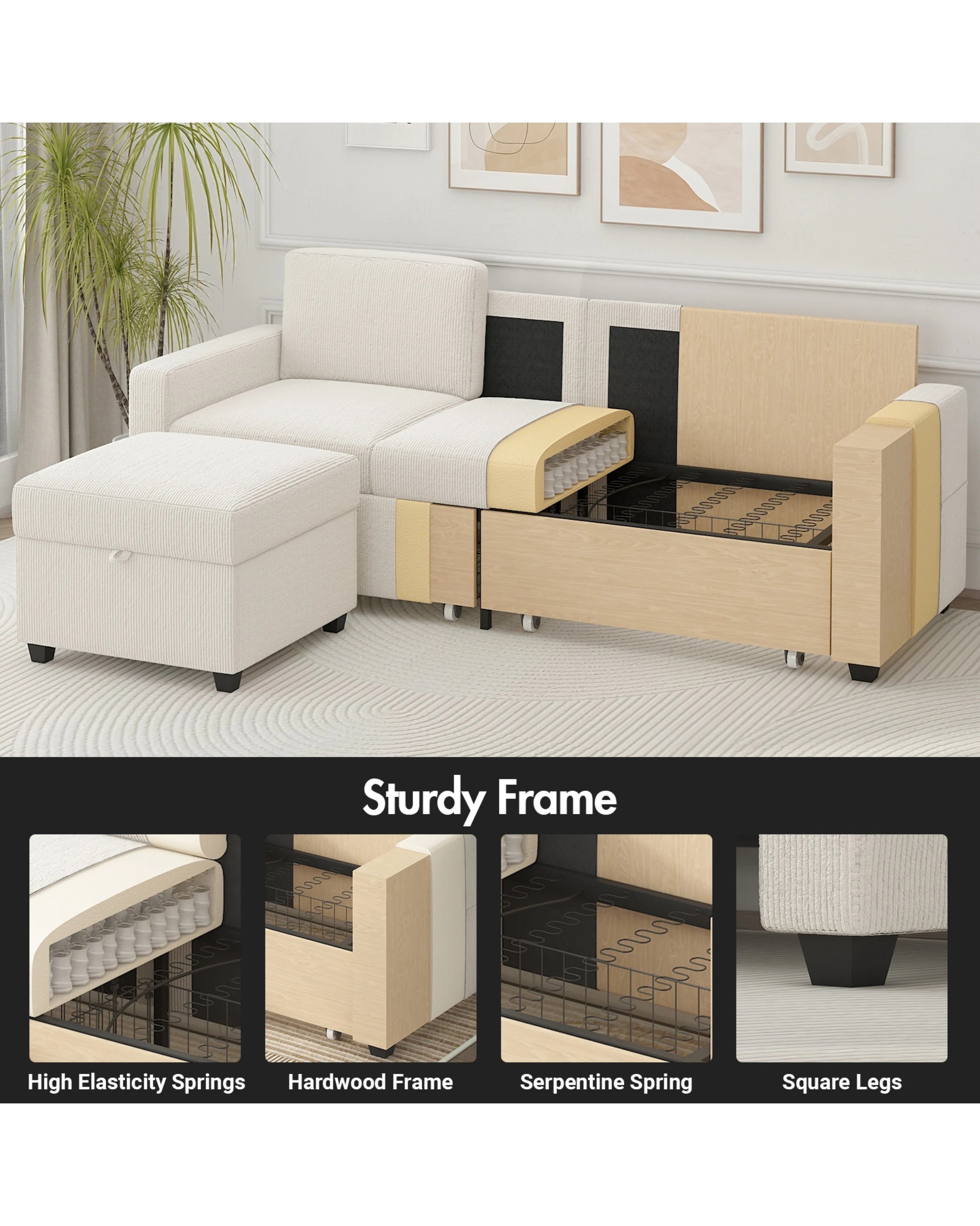 7 Advwin 3 Seater Sofa 197cm Corduroy Modular Corner Couch W/ Storage Ottoman & Drawers Lounge Chaise, 7 of 9