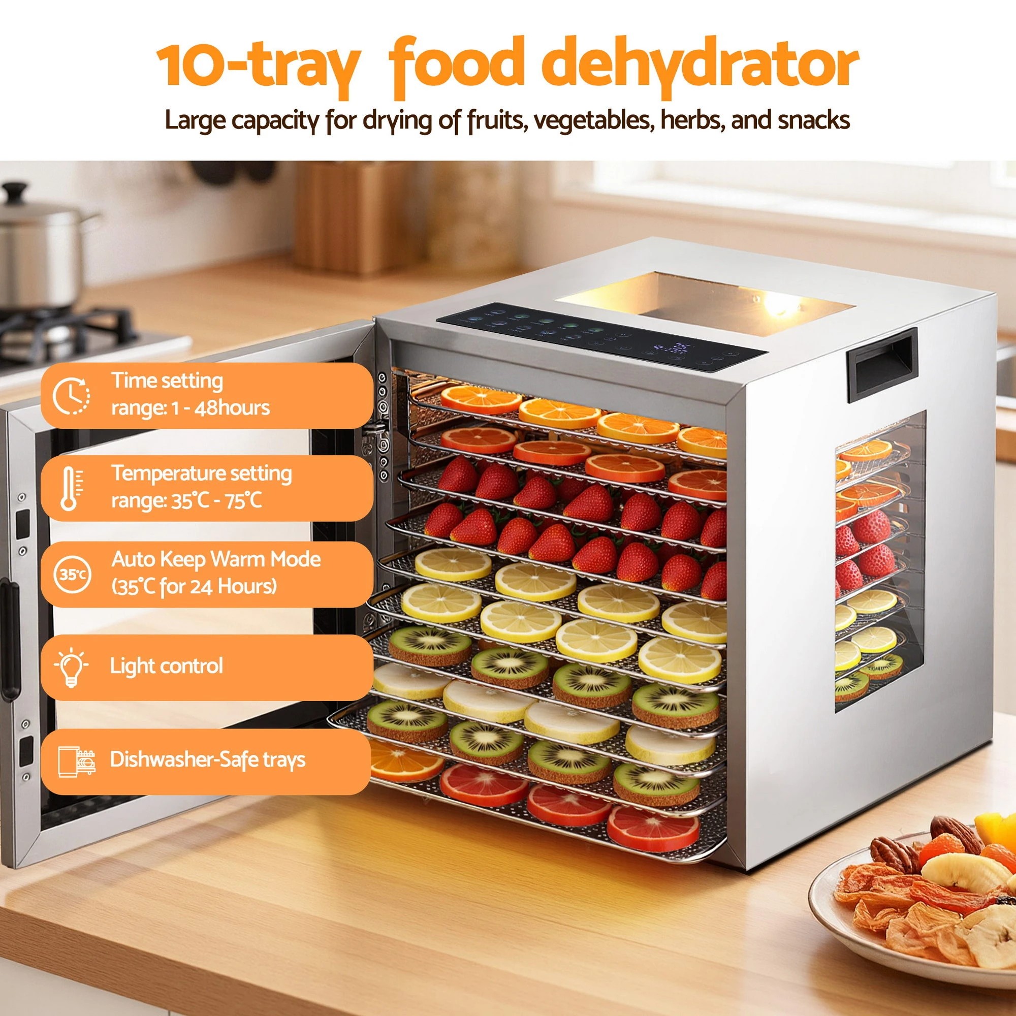 2 Devanti 10 Trays Food Dehydrator Stainless Steel Visible Glass Door - Silver, 2 of 6
