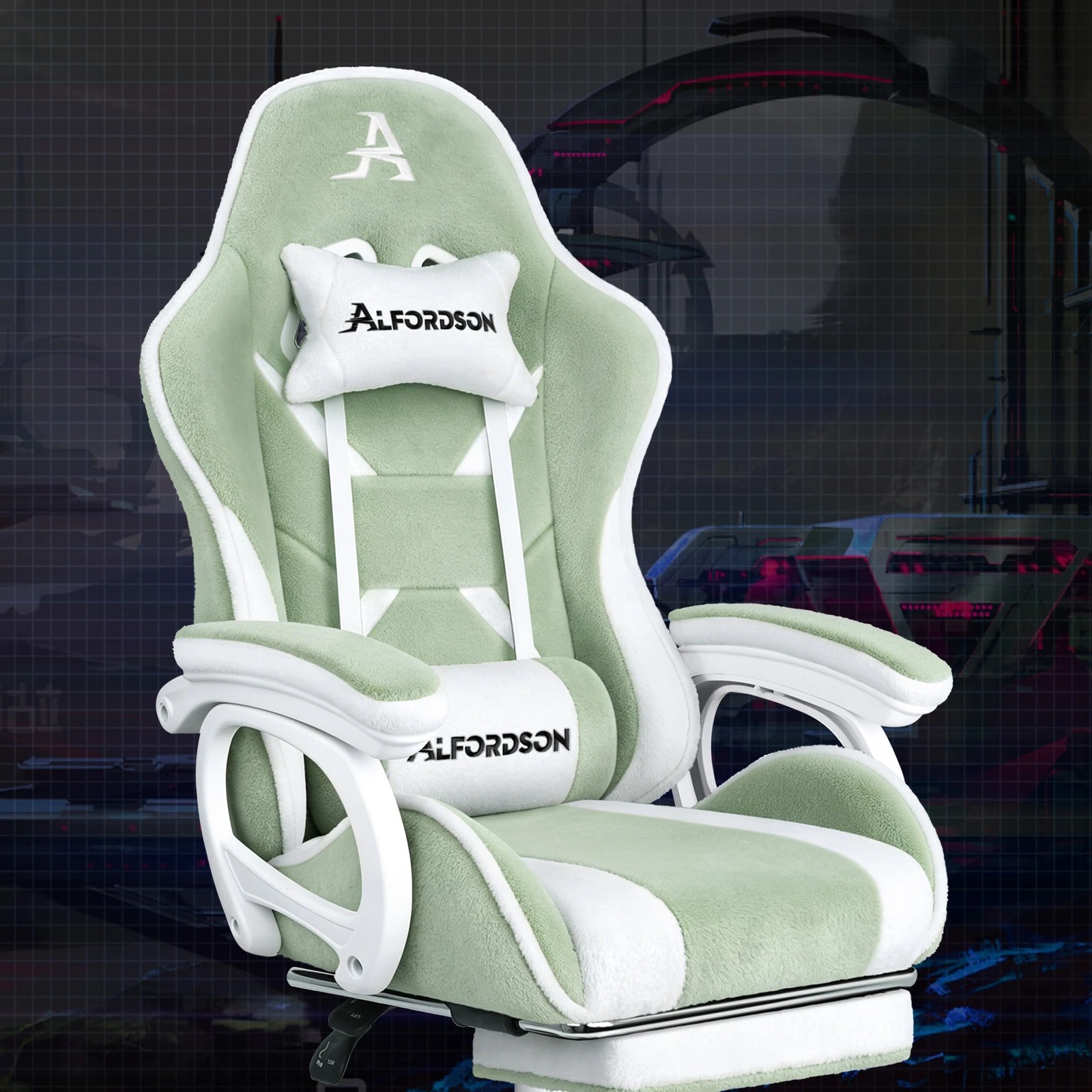5 Alfordson Gaming Office Chair Racing Massage Computer Seat Footrest Sherpa Fleece - Green, 5 of 10